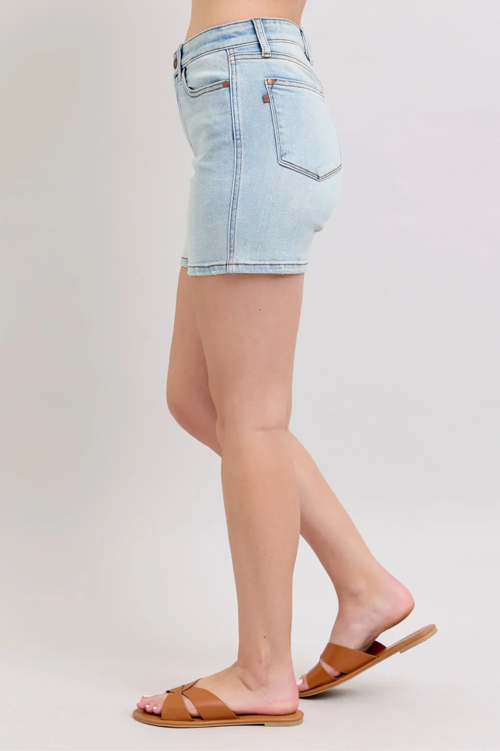 2 Button Denim Shorts with Pockets Plus Size in Light for Women