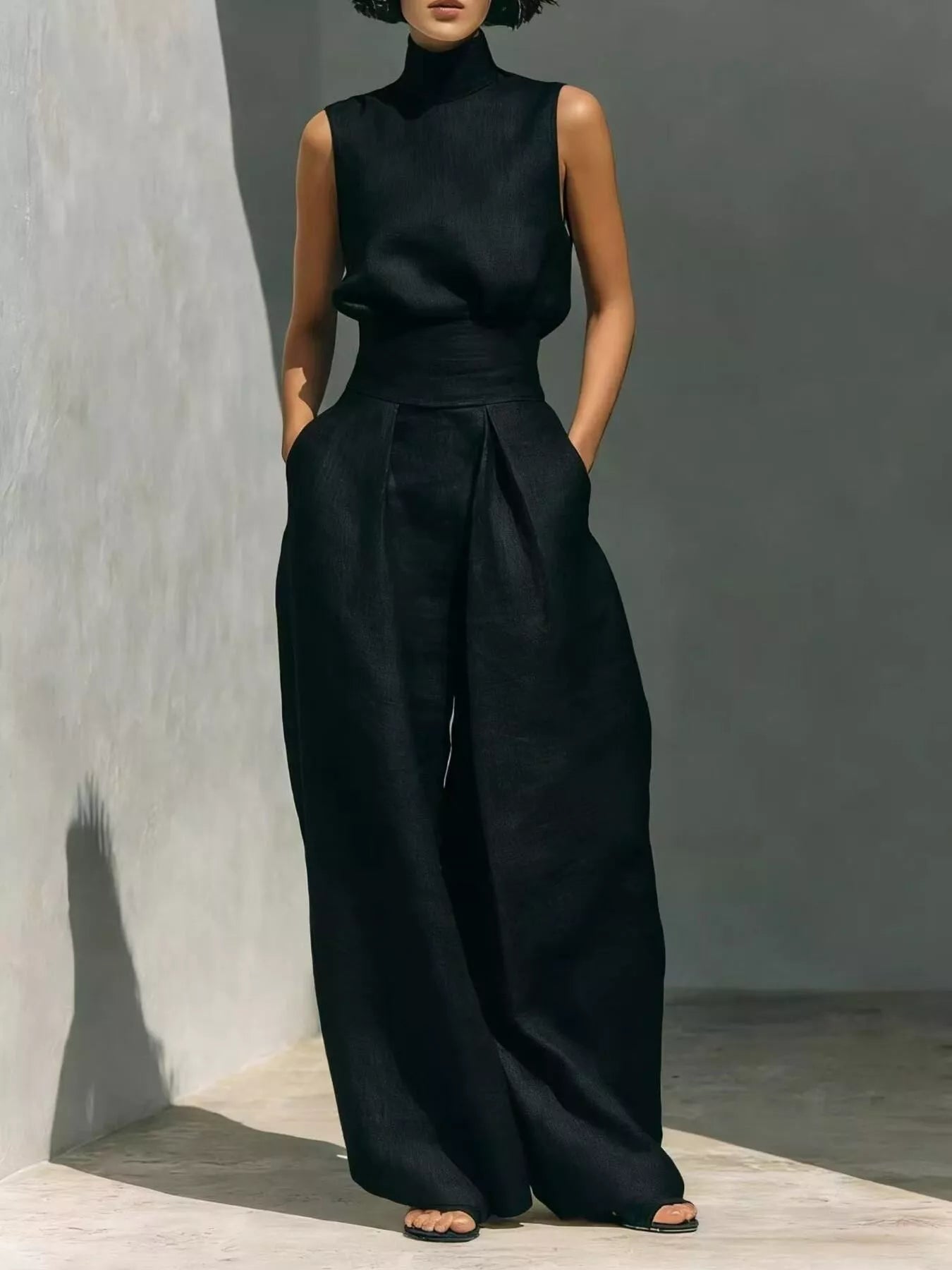 Turtleneck Sleeveless Top and Wide Leg Pants Set in Sky Blue for Women