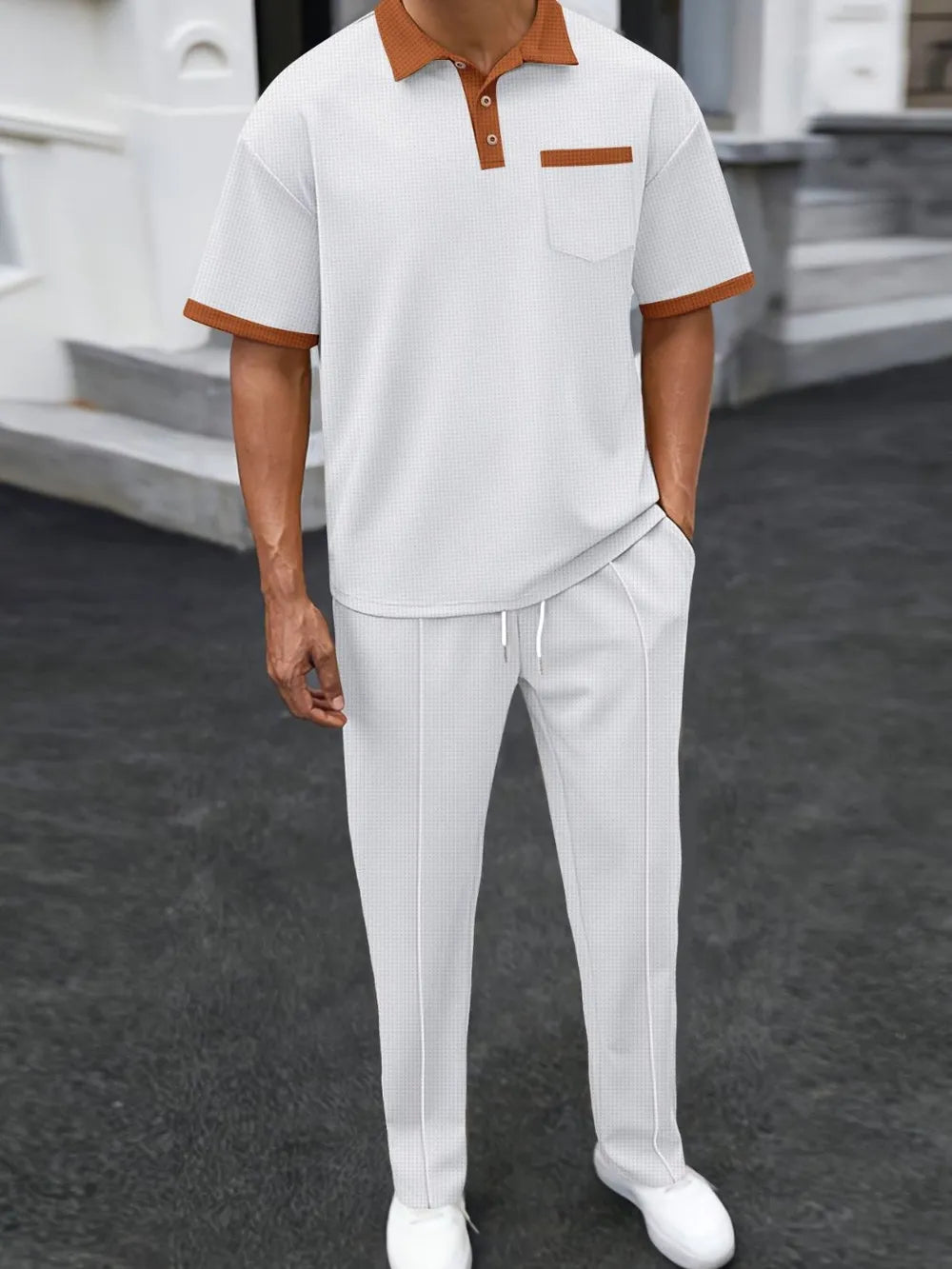 Waffle-Knit Contrast Polo and Pants Set Plus Size in Beige for Men