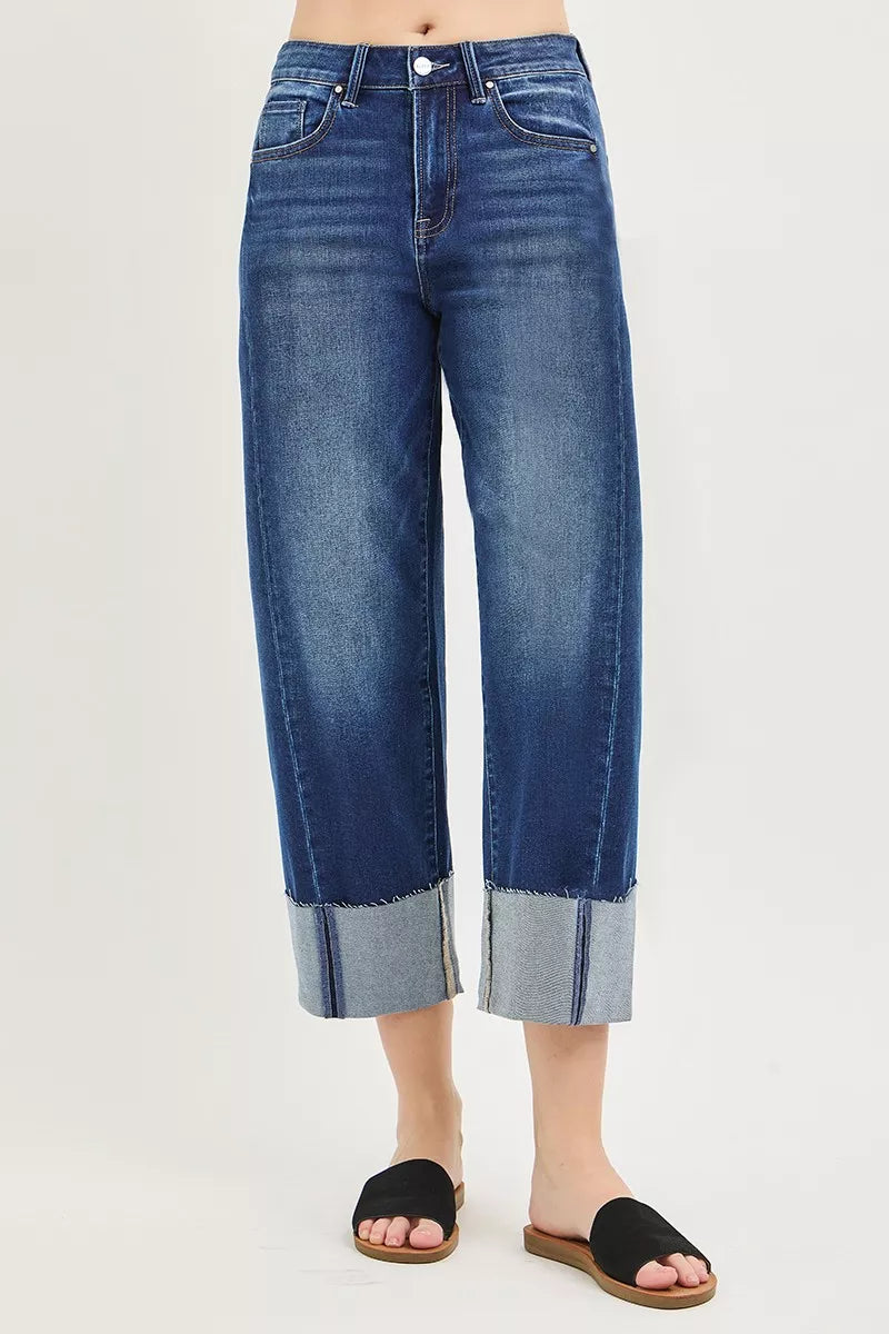 Slouchy Crop Barrel Cuffed Jeans Plus Size in Dark for Women