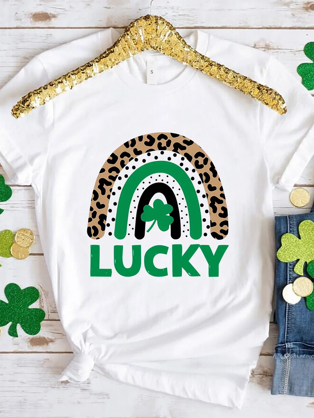 Lucky Round Neck Short Sleeve T-Shirt in White for Women