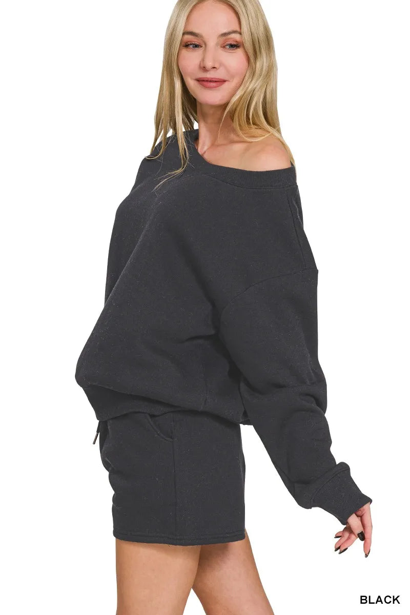 Fleece Boat Neck Sweatshirt and Shorts Set in Black for Women