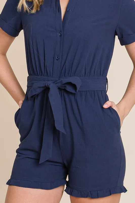 Collared Button Down Romper with Tie Belt for Women