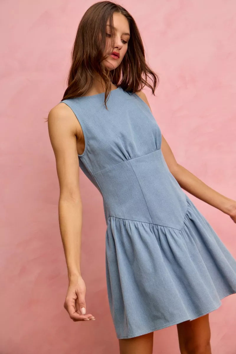 Fit and Flare Sleeveless Denim Mini Dress in Light Denim for Women