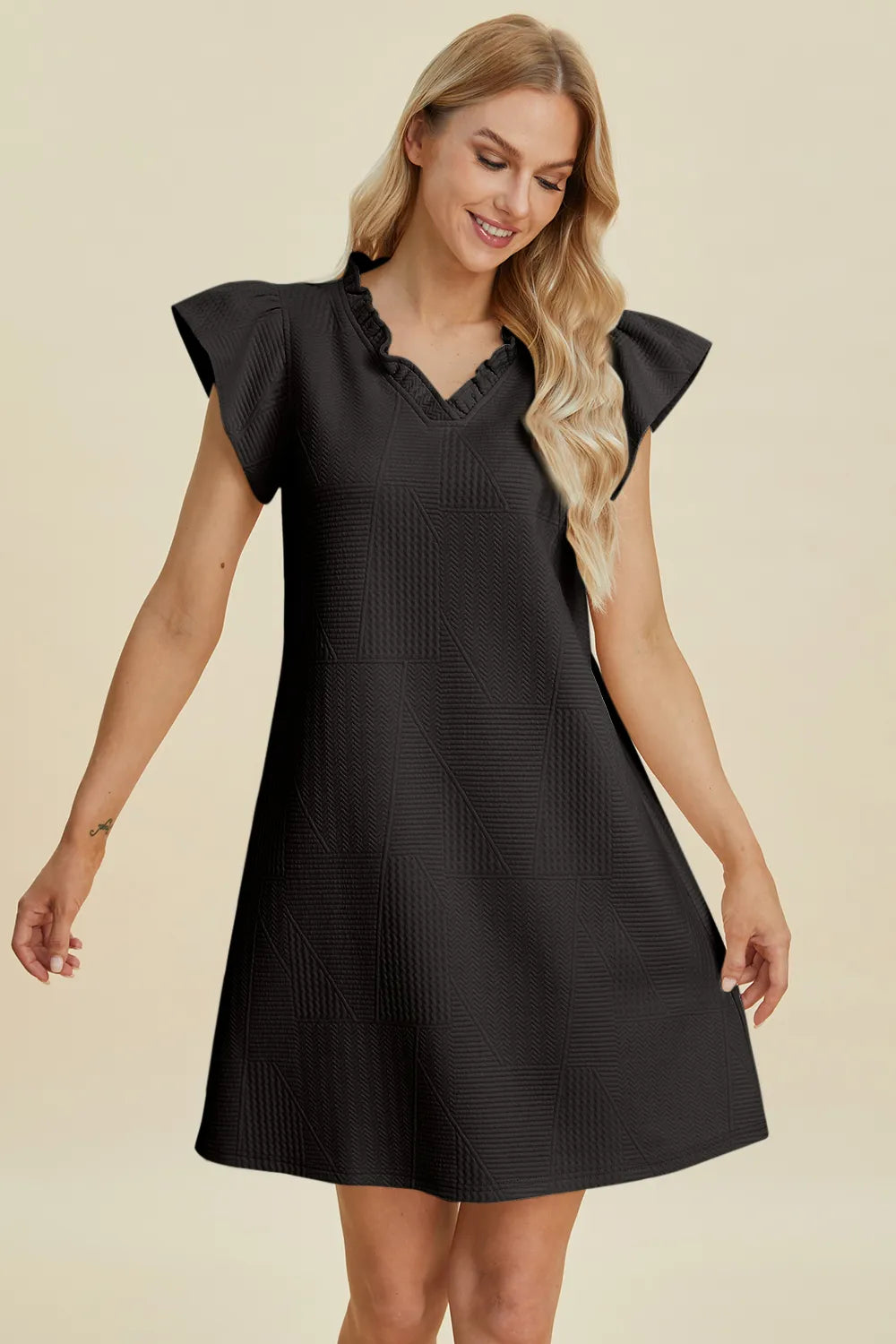 Plus Size Ruffled V-Neck Cap Sleeve Dress in Black for Women