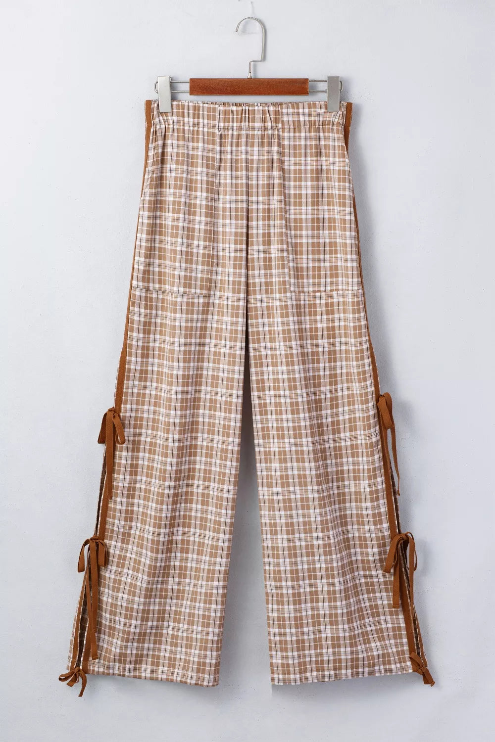 Plaid Print Tie Detail Casual Pants in Camel for Women