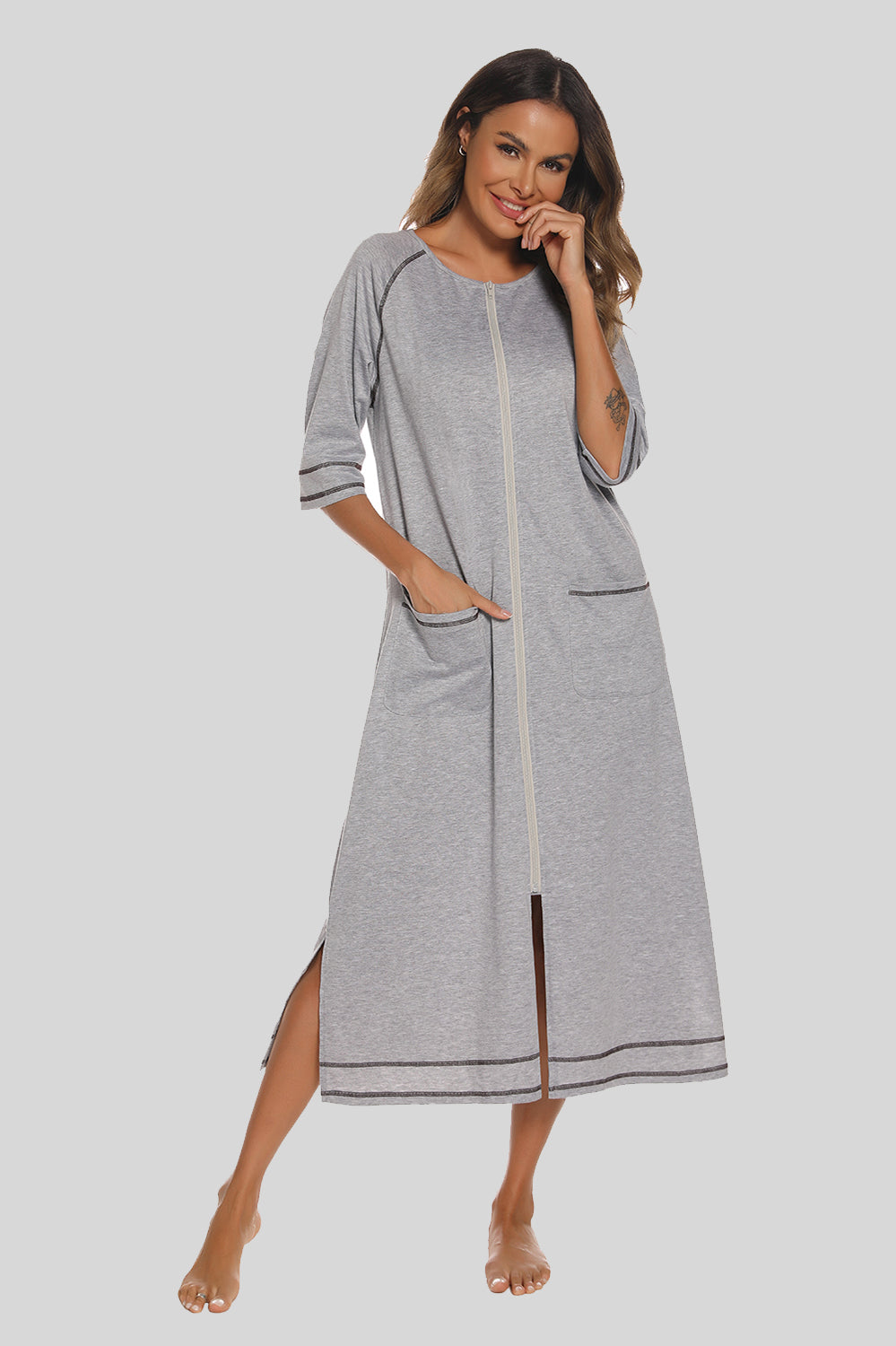 Zip Up Slit Round Neck Night Dress with Pockets in Dark Navy for Women