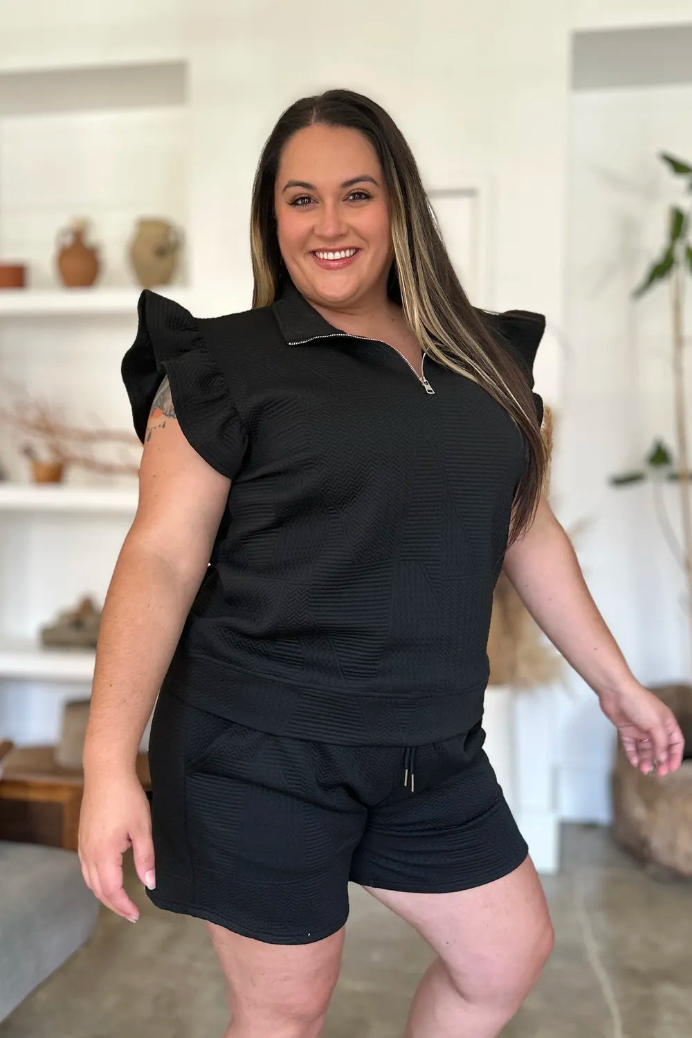 Plus Size Texture Flounce Sleeve Top and Shorts Set in White for Women