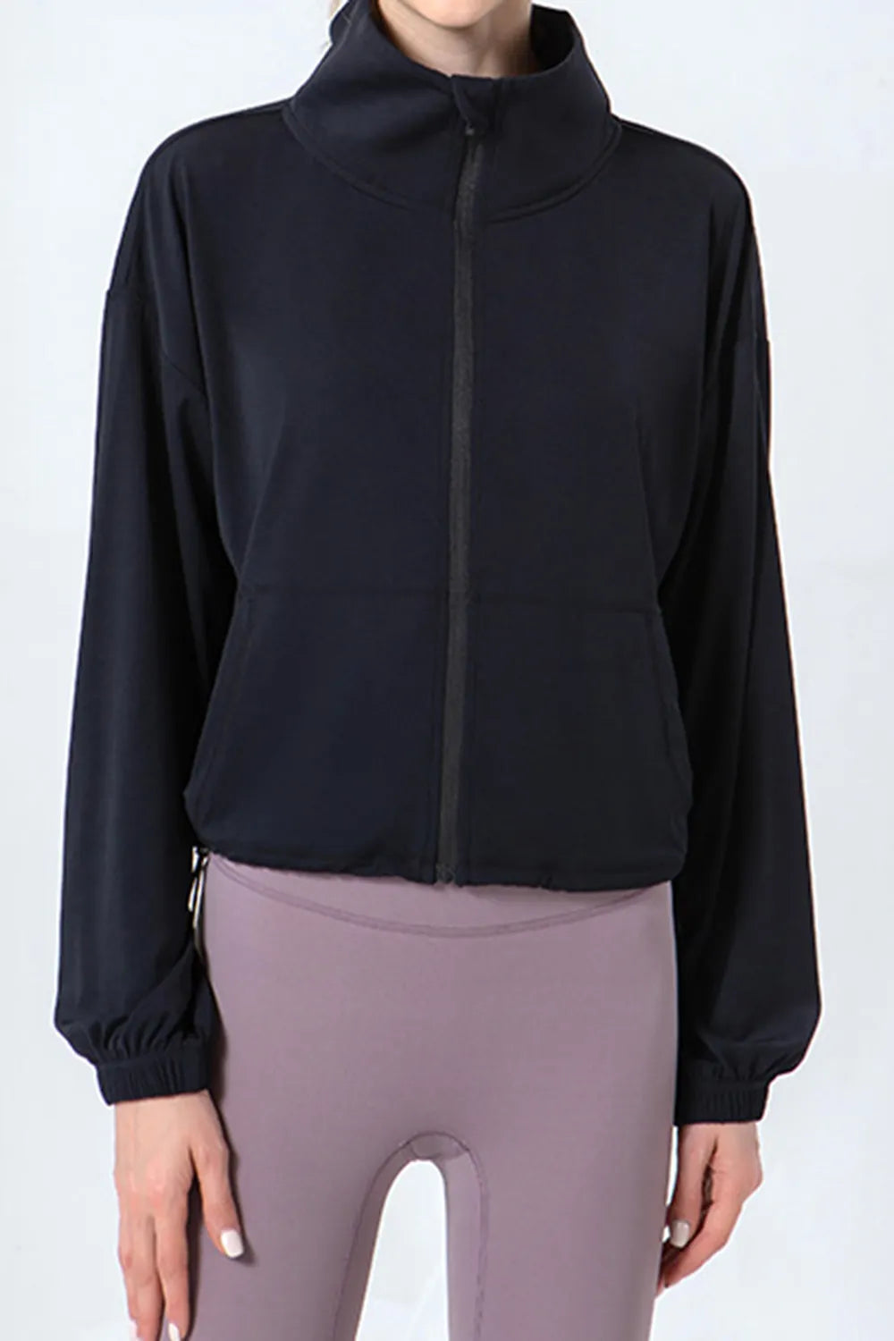 Drawstring Zip Up Dropped Shoulder Active Outerwear in Dusty Pink for Women