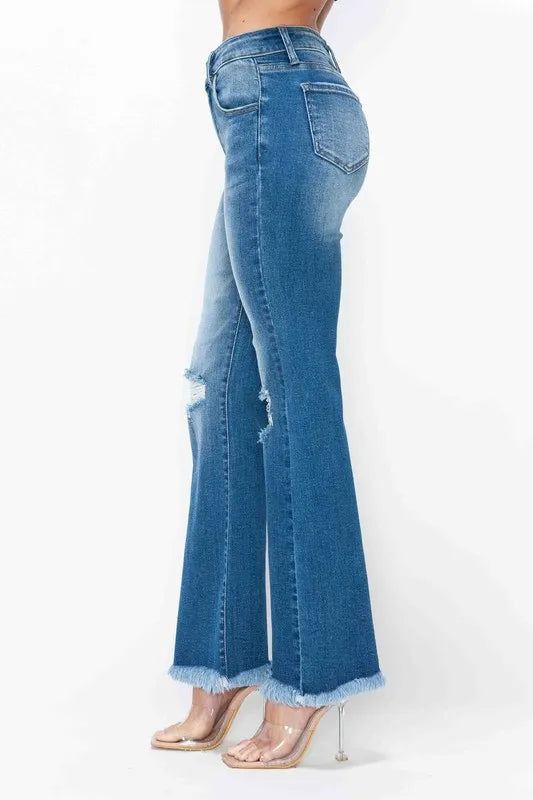 Plus Size Raw Hem Distressed High Rise Bootcut Jeans in Medium for Women