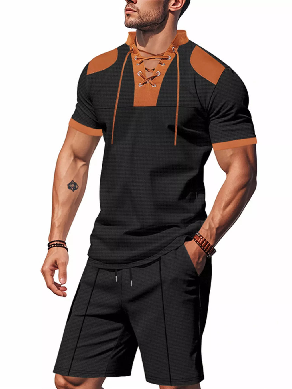 Lace-Up Collar Casual Top and Shorts Set Plus Size in White for Men