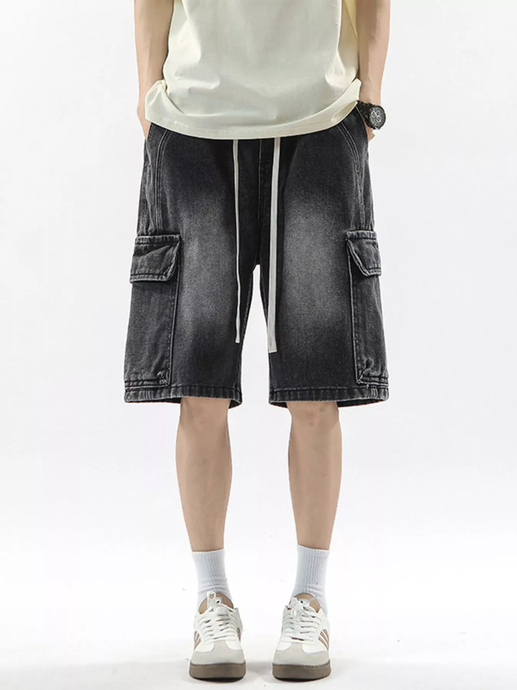 Wash Drawstring Cargo Shorts Plus Size in Vintage Blue for Men