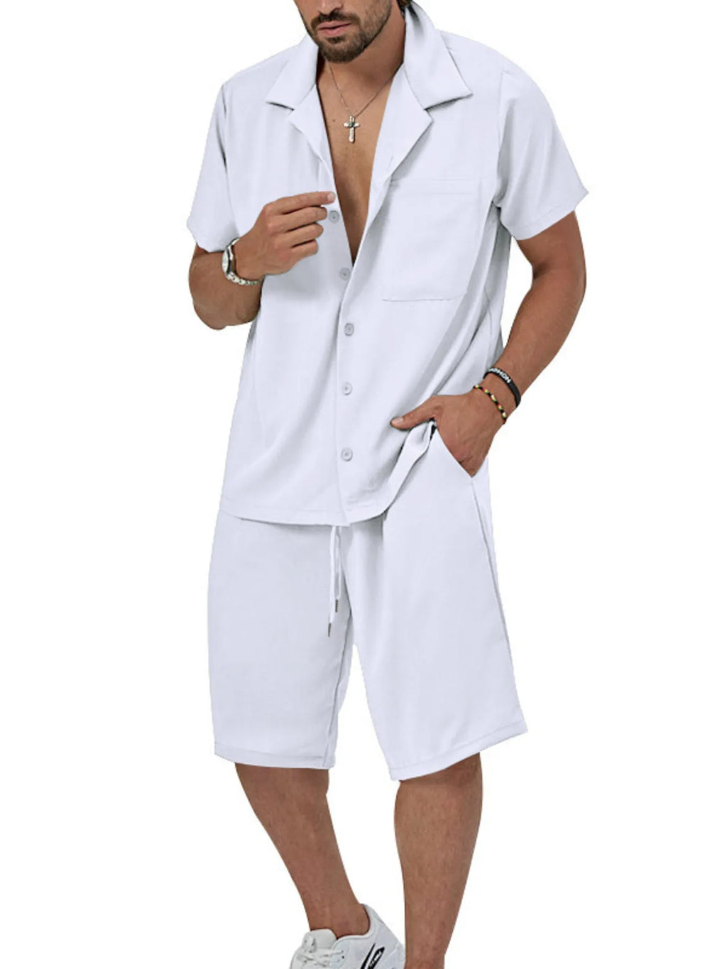 Plus Size Button Up Short Sleeve Shirt and Shorts Set in White for Men