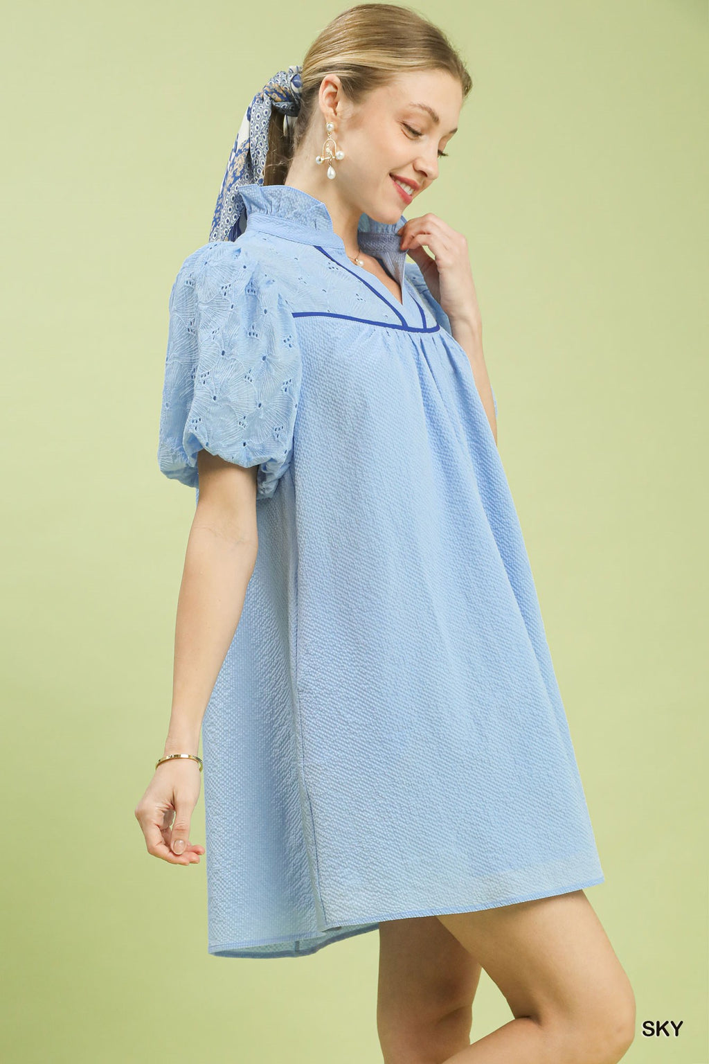 Puff Sleeve Textured Babydoll Dress in Sky for Women