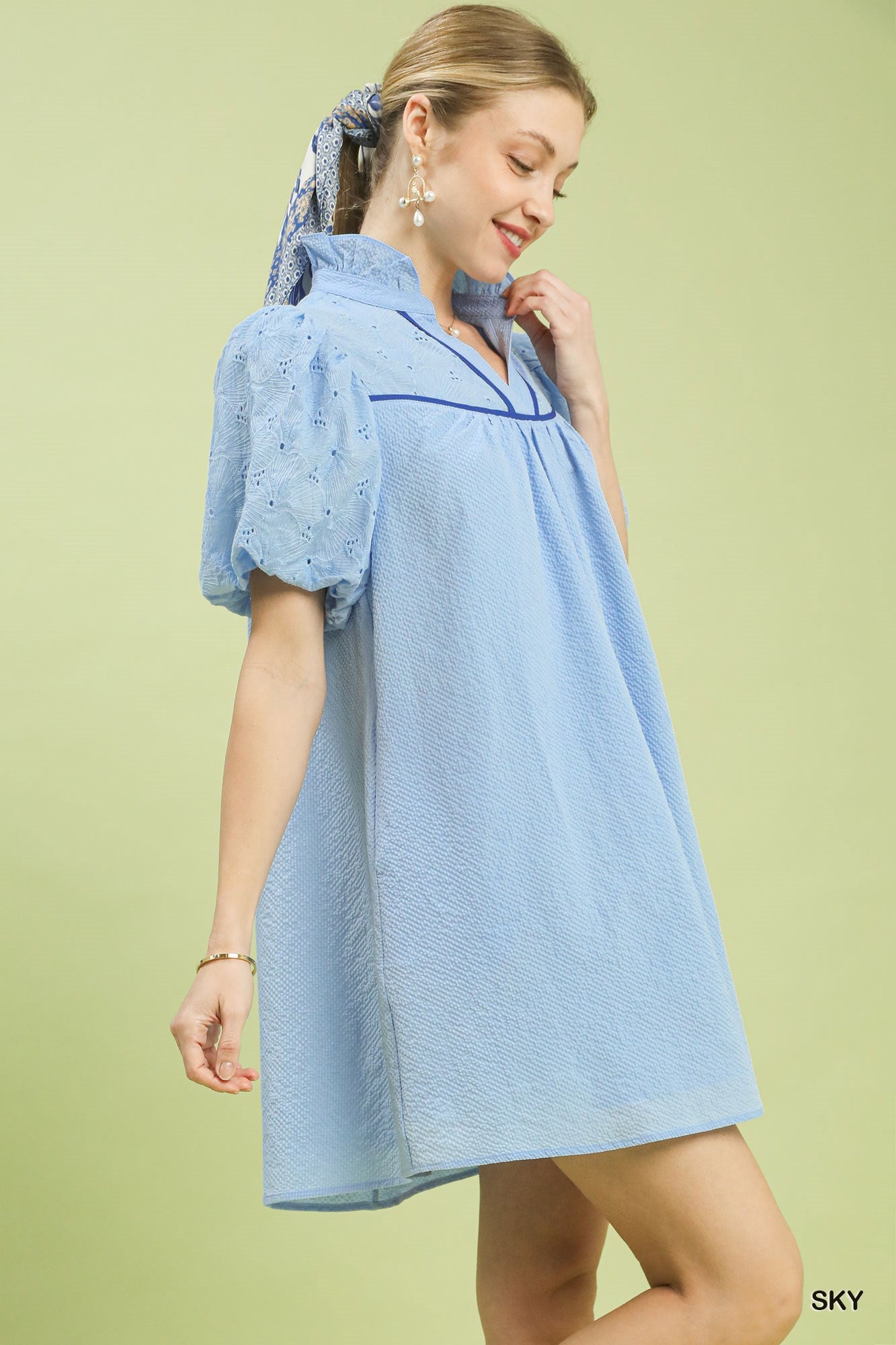 Puff Sleeve Textured Babydoll Dress in Sky for Women