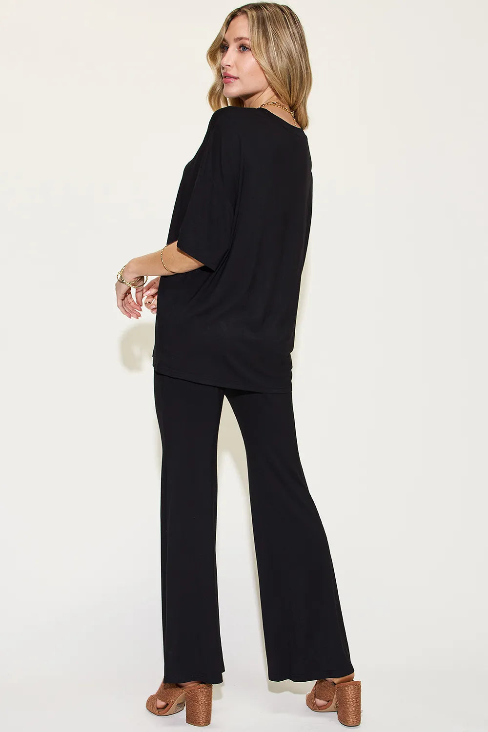 Plus Size Bamboo Drop Shoulder T-Shirt and Flare Pants Set in Sage for Women