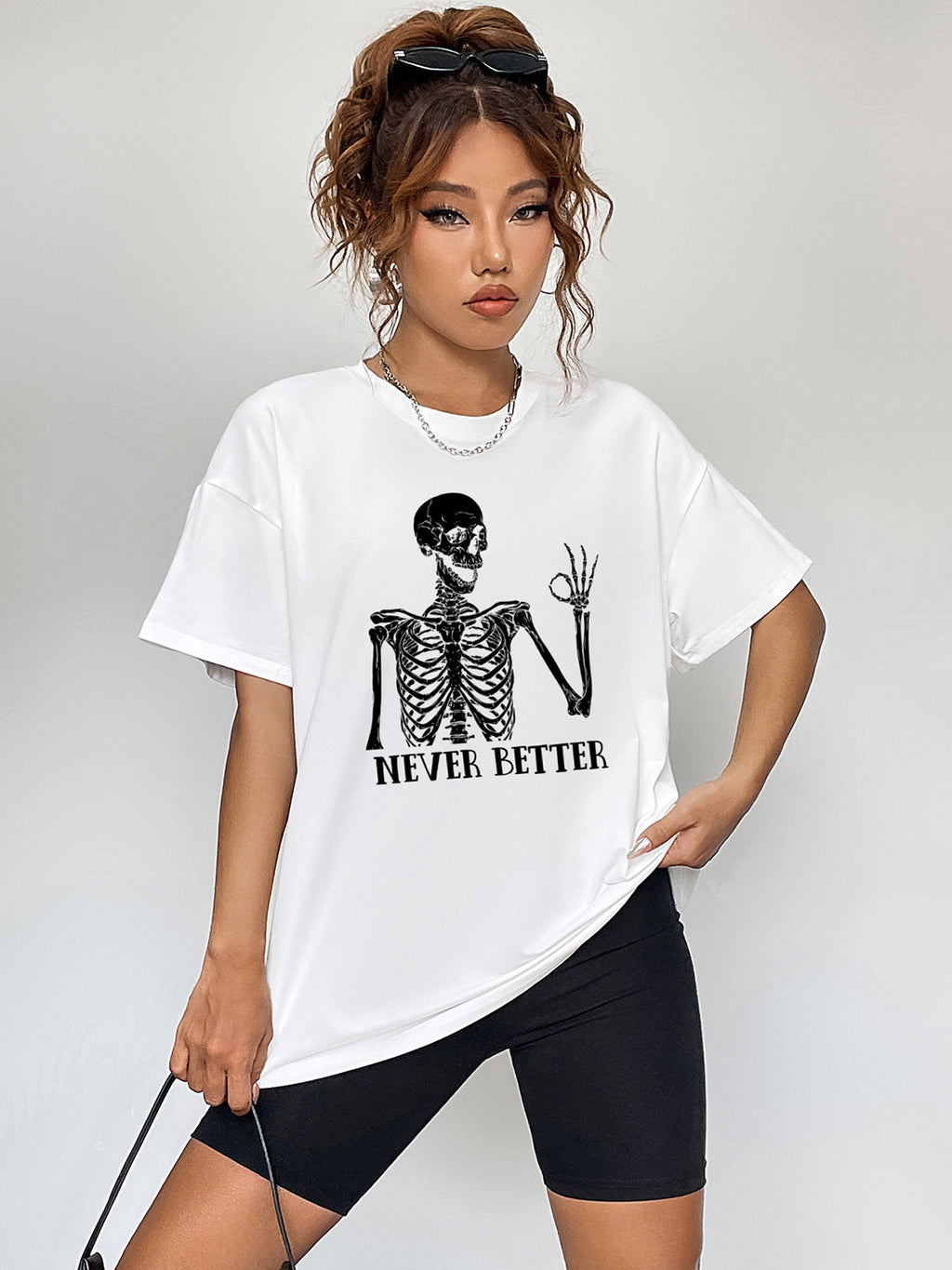 Round Neck Short Sleeve Never Better Graphic T-Shirt in White for Women