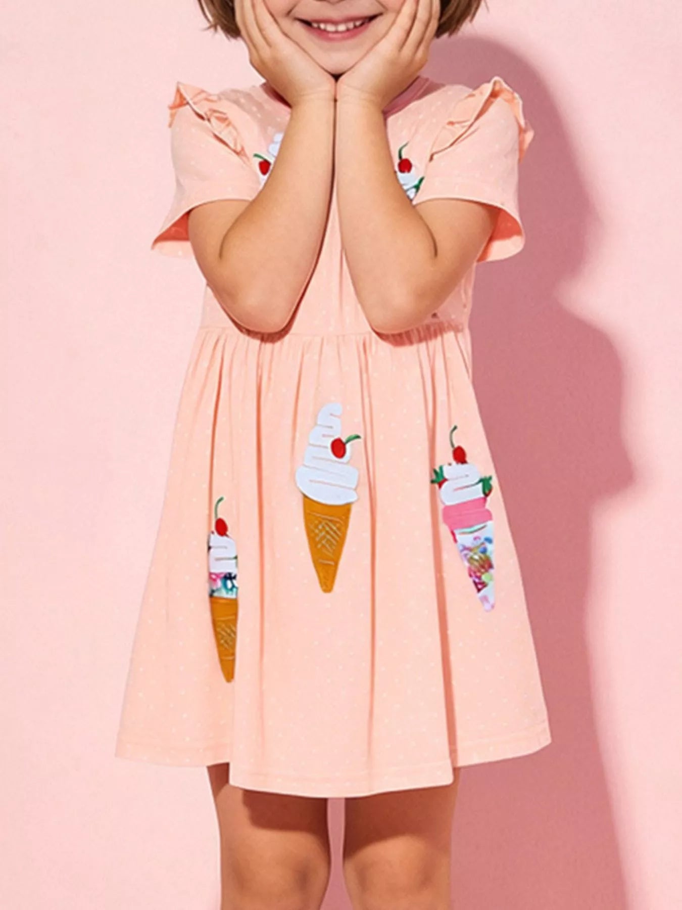 Ice Cream Applique Round Neck Dress in Watermelon Pink for Girls