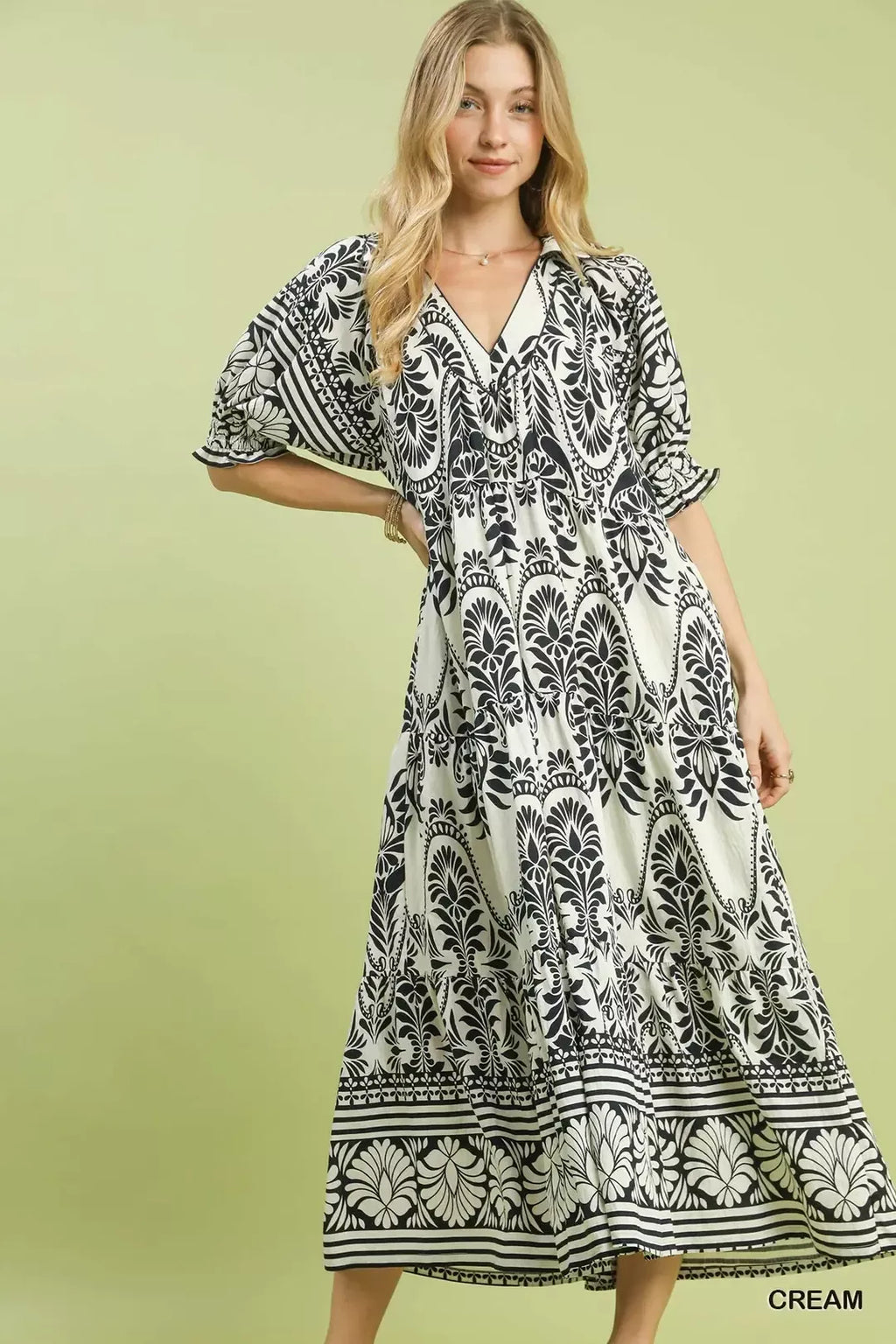 Two Tone Border Print Midi Dress in Cream for Women