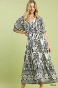 Two Tone Border Print Midi Dress in Cream for Women
