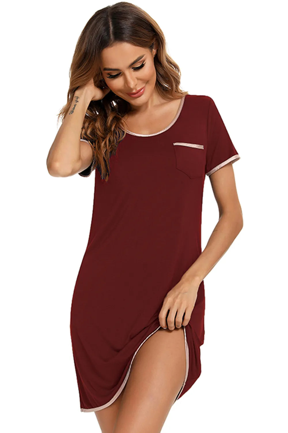 Contrast Trim Pocketed Round Neck Lounge Dress in Burgundy for Women