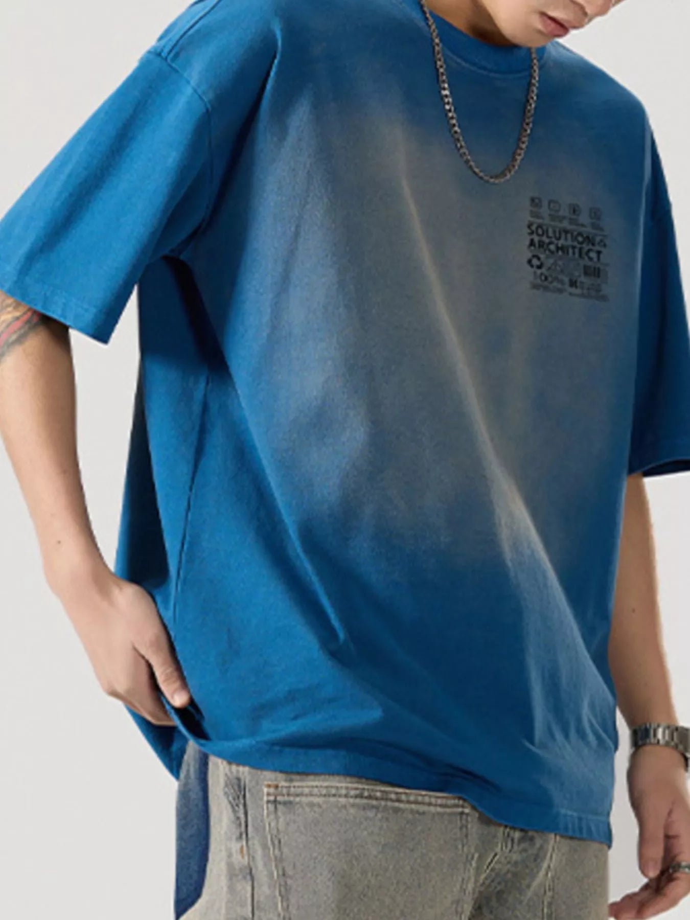 Round Neck Oversized T-Shirt Plus Size in Washed Blue for Men