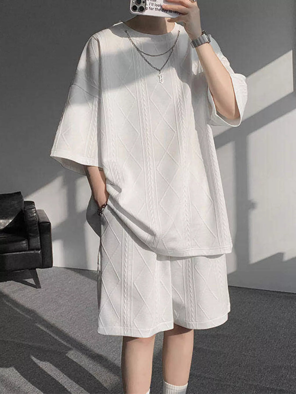 Plus Size Textured Relaxed Fit Top and Shorts Set in Apricot for Men