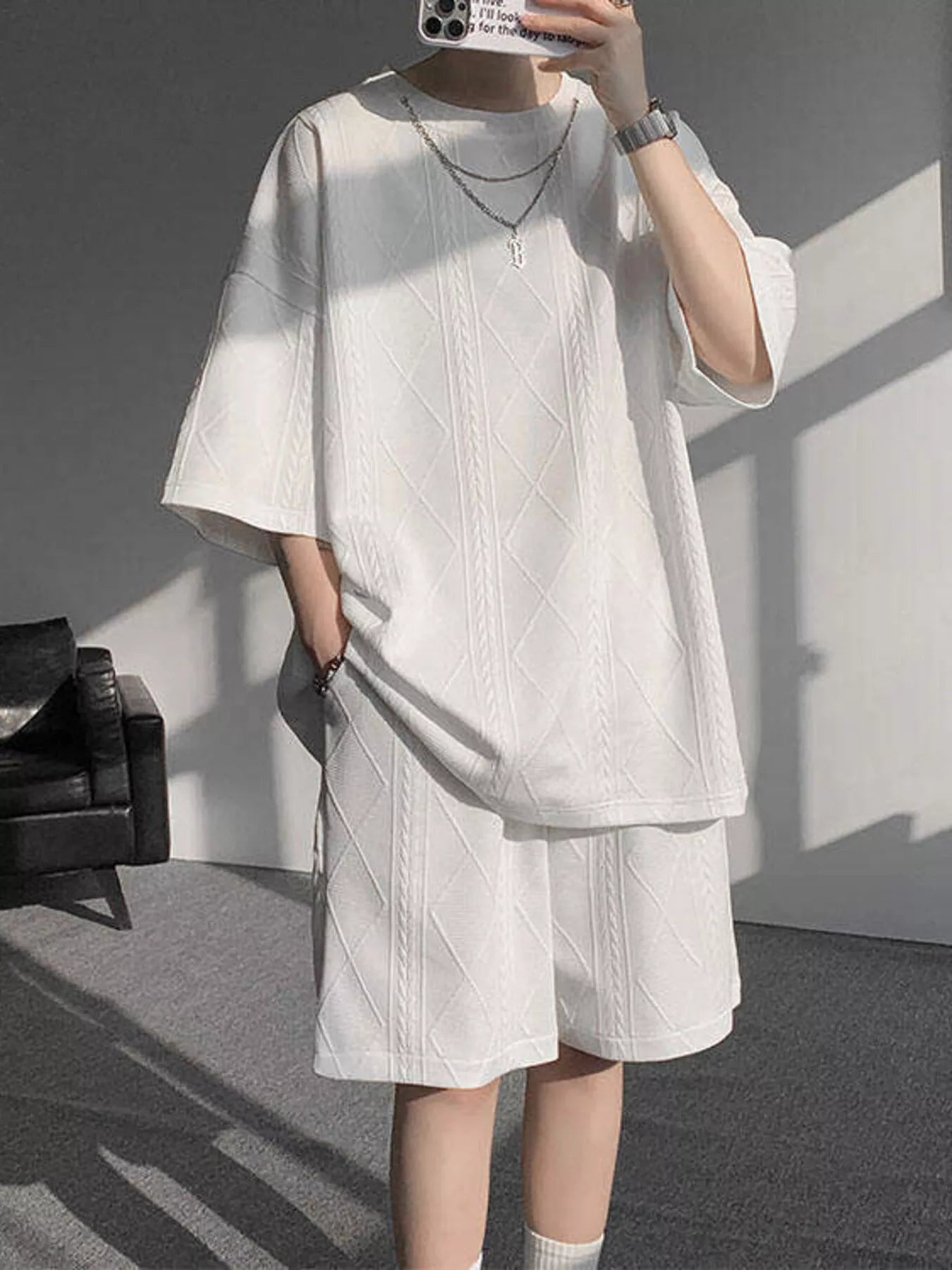 Plus Size Textured Relaxed Fit Top and Shorts Set in Apricot for Men