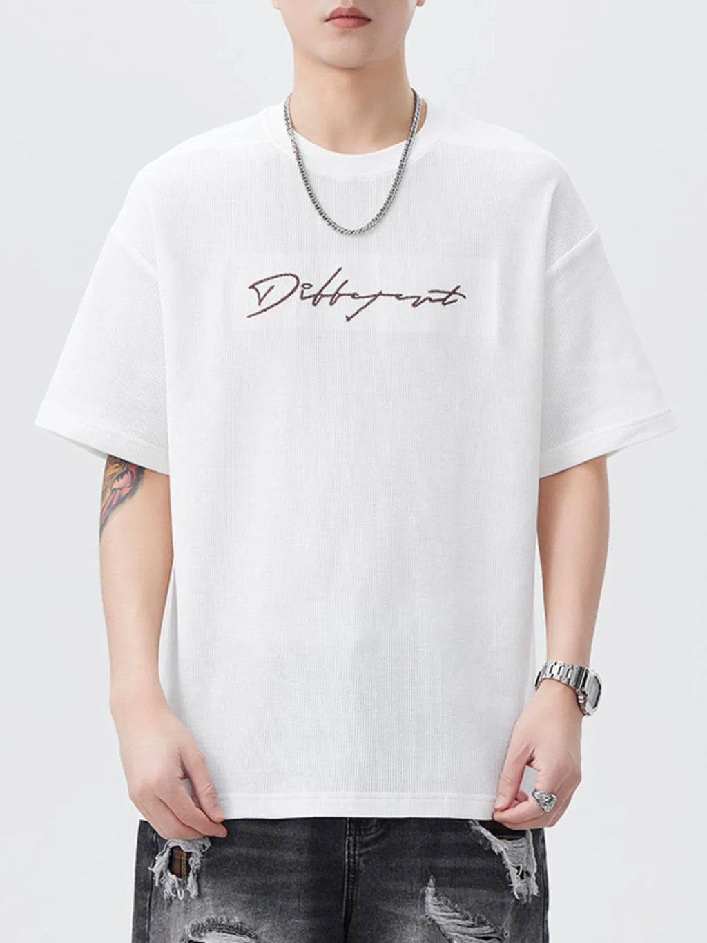 Plus Size Oversized Round Neck Letter Graphic T-Shirt in White for Men