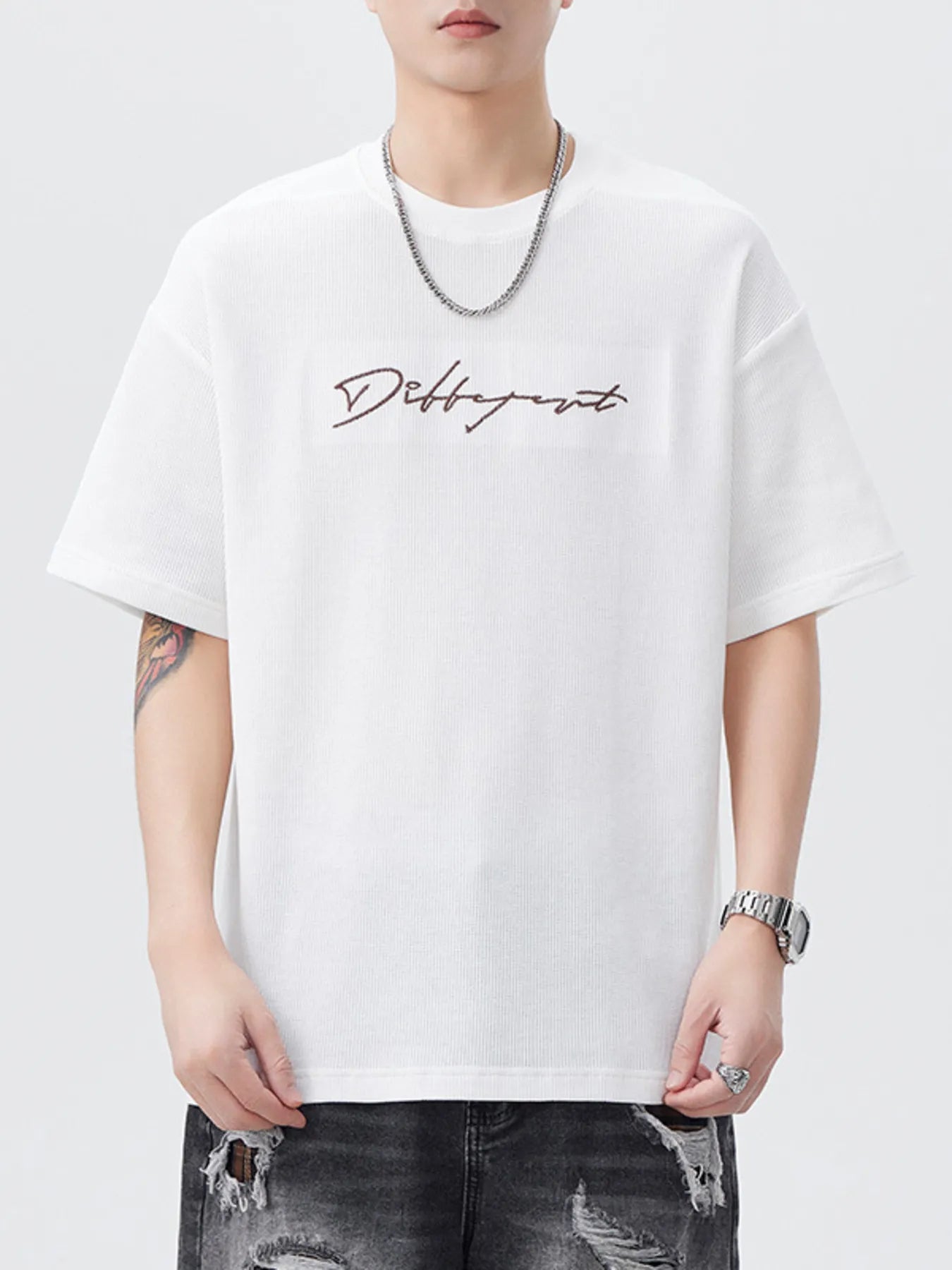 Plus Size Oversized Round Neck Letter Graphic T-Shirt in White for Men