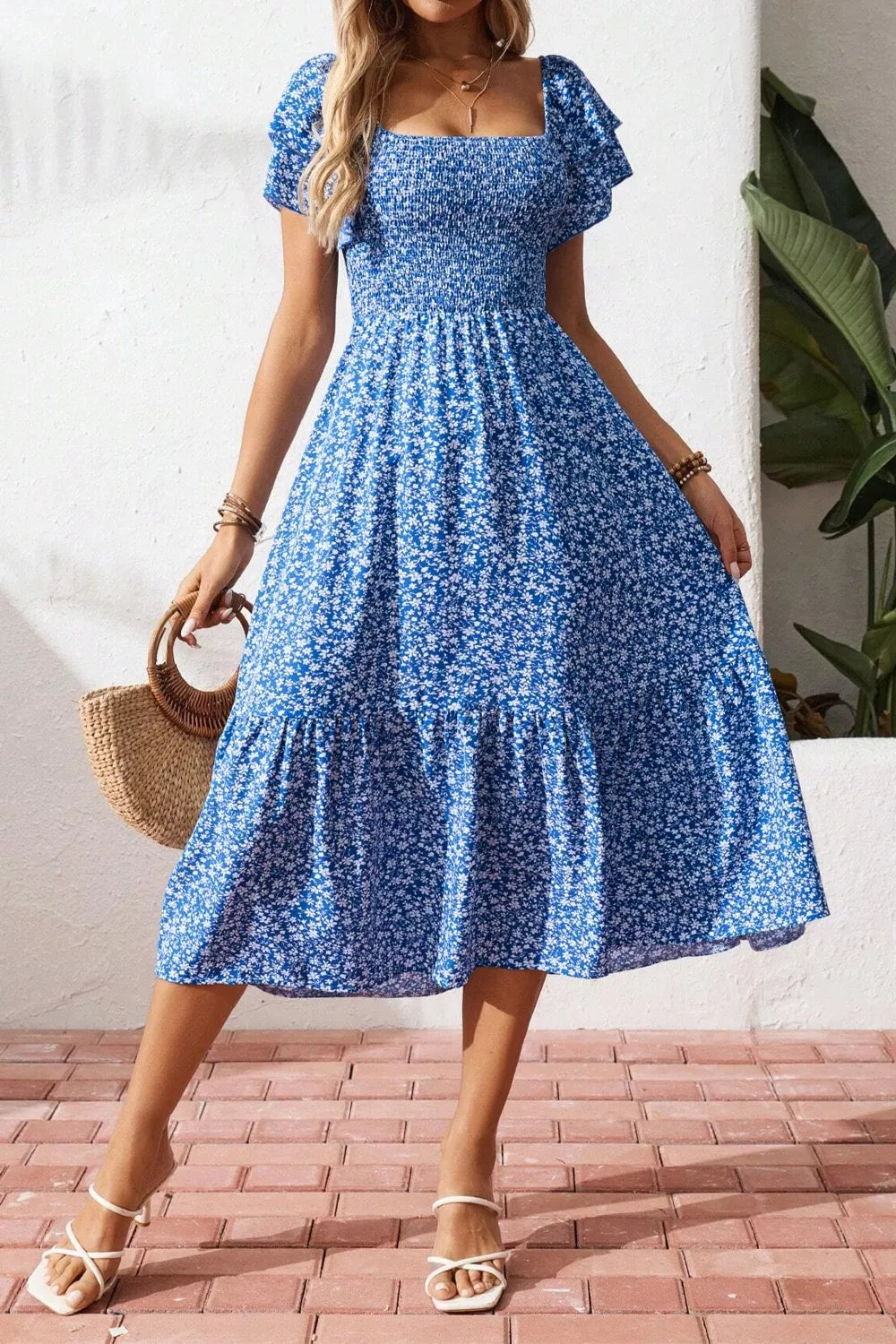 Ditsy Floral Print Smocked Square Neck Ruffle Short Sleeve Dress in Dusty Blue for Women