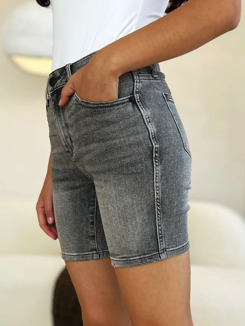 Plus Size High Waist Washed Denim Shorts in Grey for Women