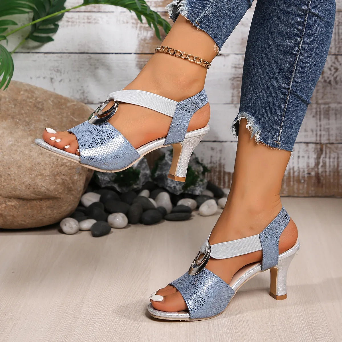 Open Toe Block Heels Sandals in Beige for Women