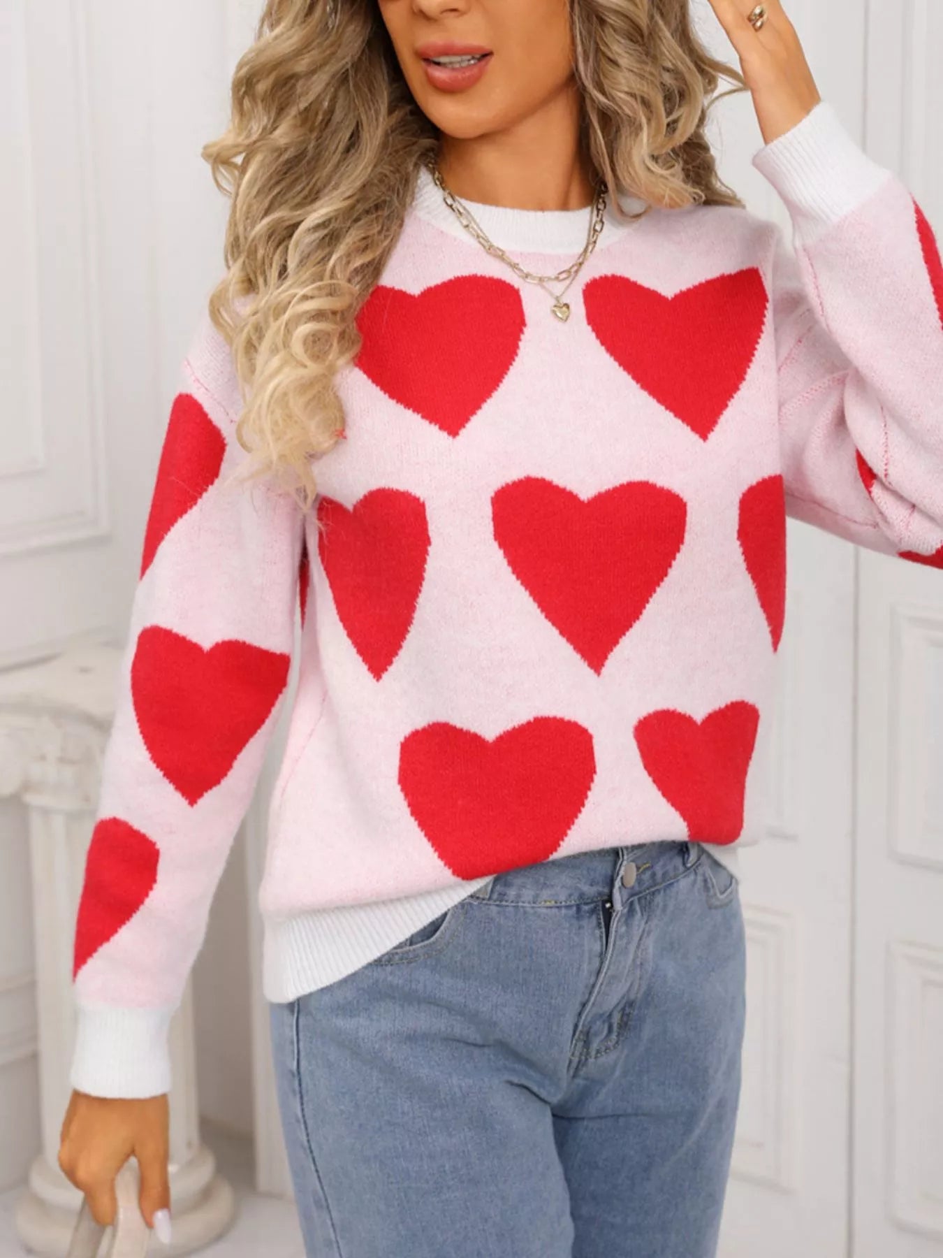 Valentines Day Heart Round Neck Knitted Sweater in Rose Red for Women