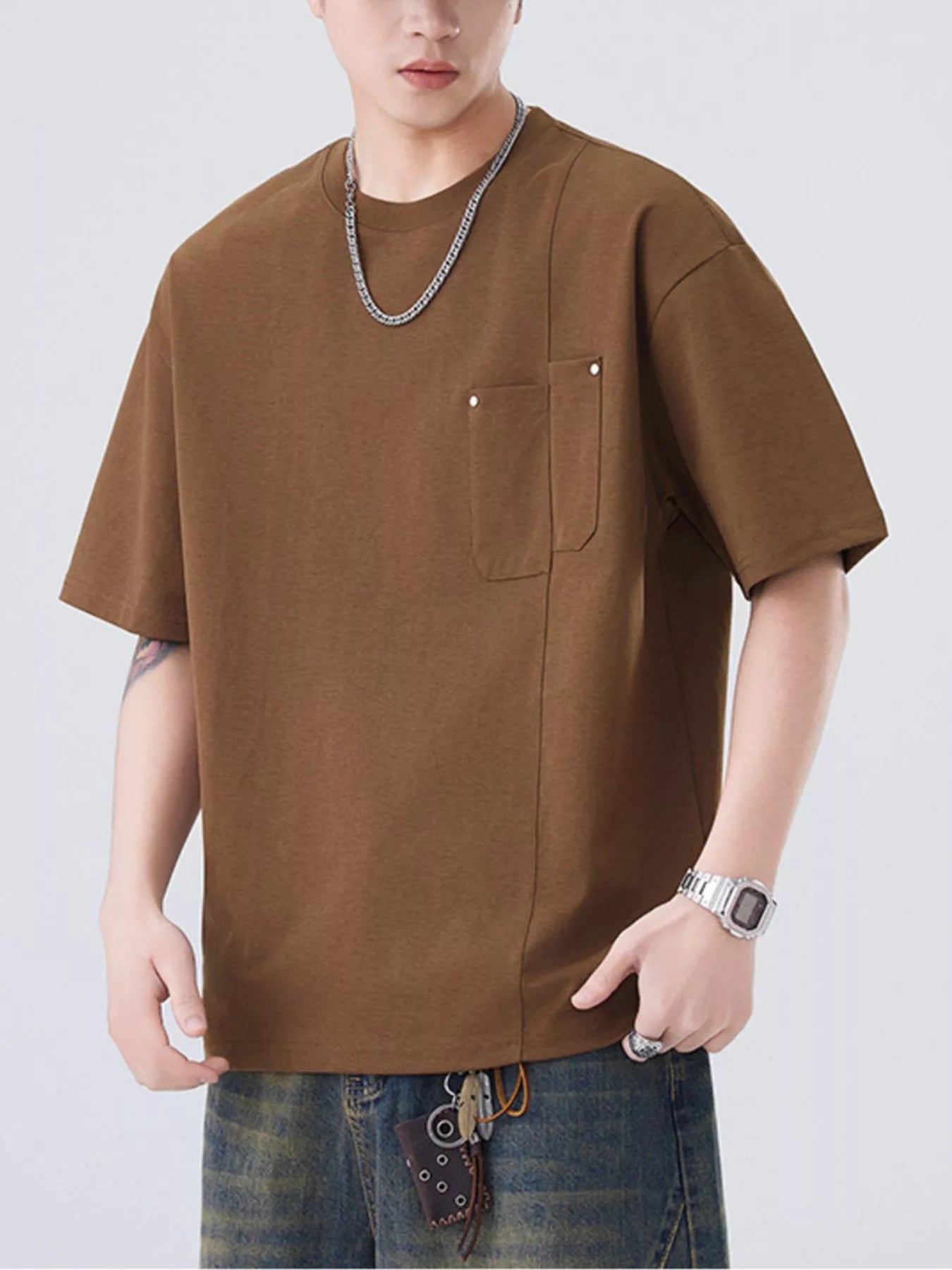 Plus Size Round Neck Short Sleeve T-Shirt in White for Men