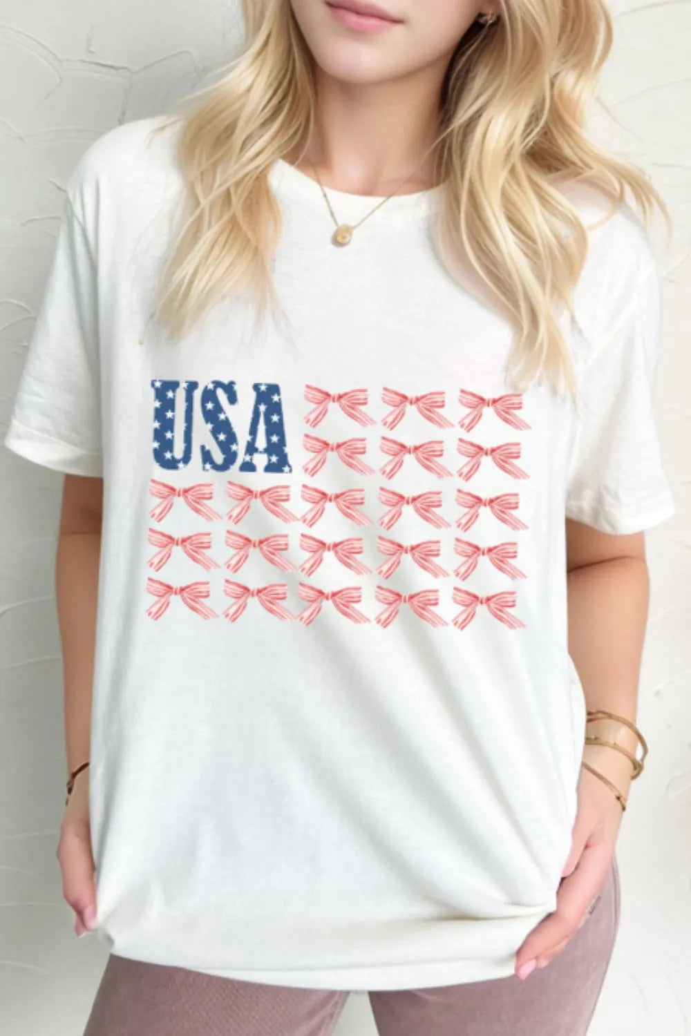 USA Flag Bow Knot Print Round Neck T-Shirt in White for Women