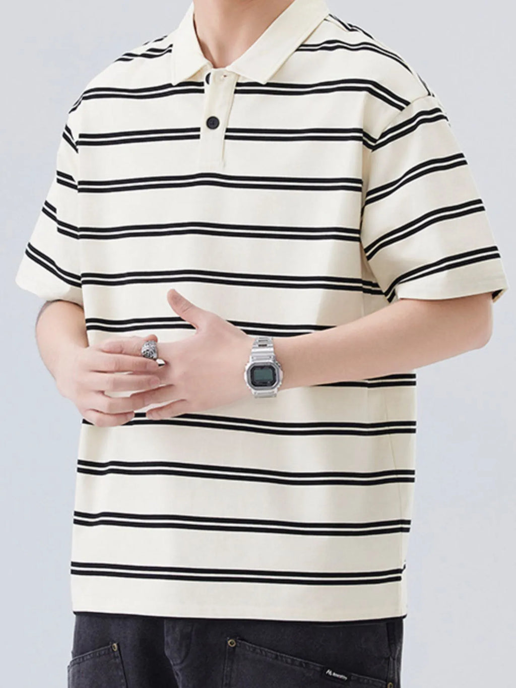 Plus Size Striped Half Sleeve Polo in Black for Men