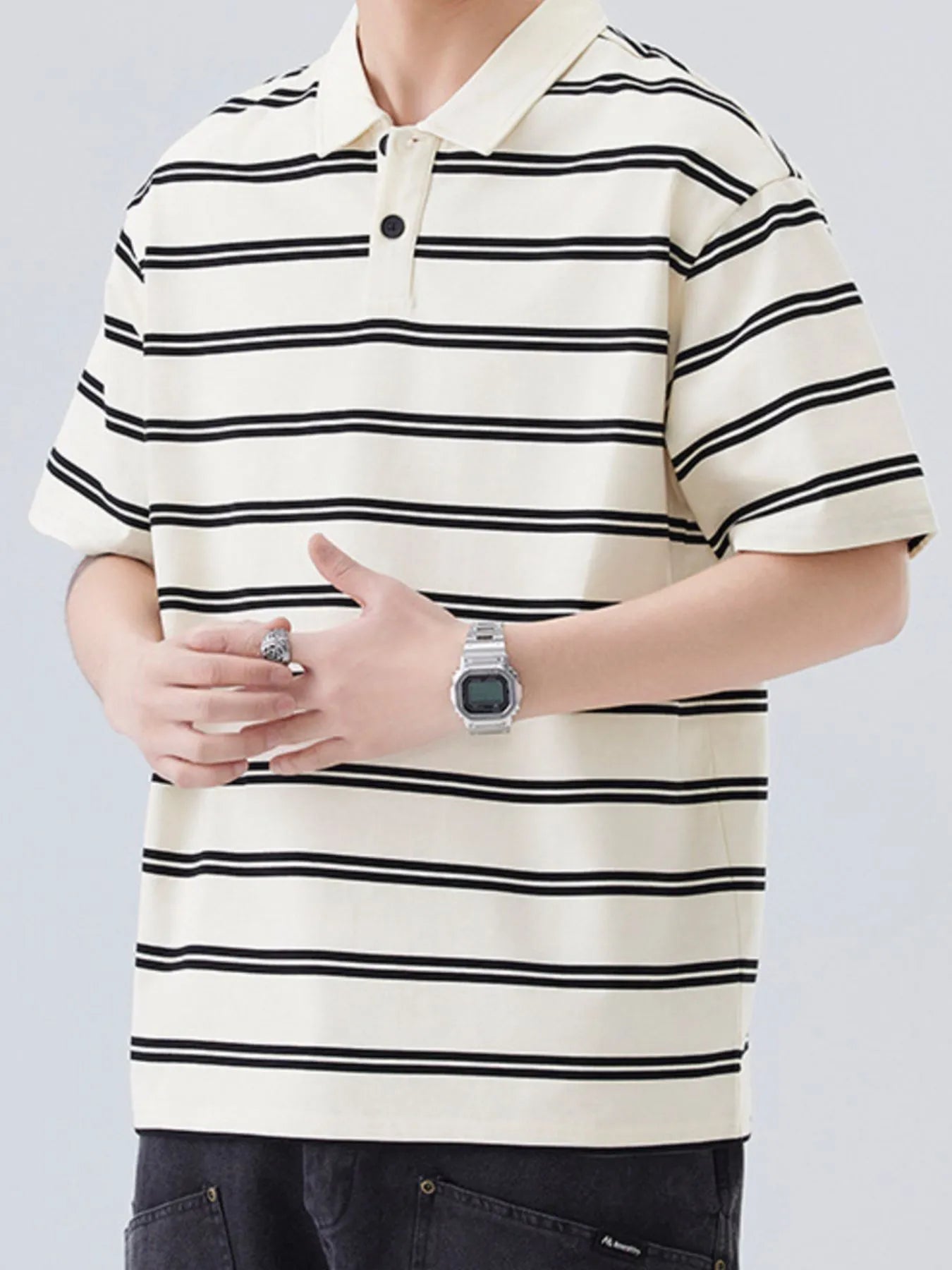 Plus Size Striped Half Sleeve Polo in Black for Men