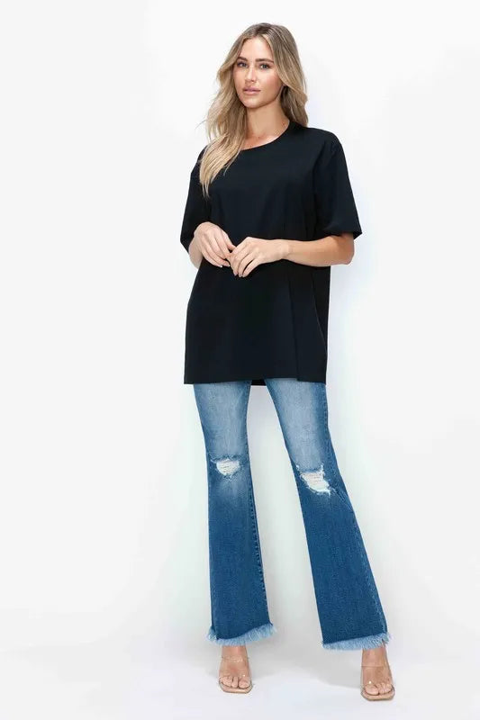 Plus Size Raw Hem Distressed High Rise Bootcut Jeans in Medium for Women