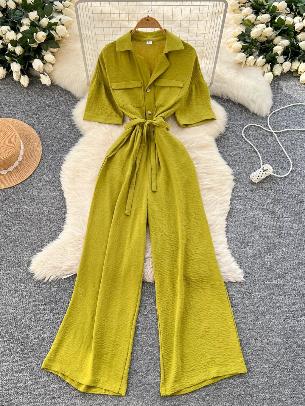 Pink Tie Waist Wide Leg Jumpsuit for Women
