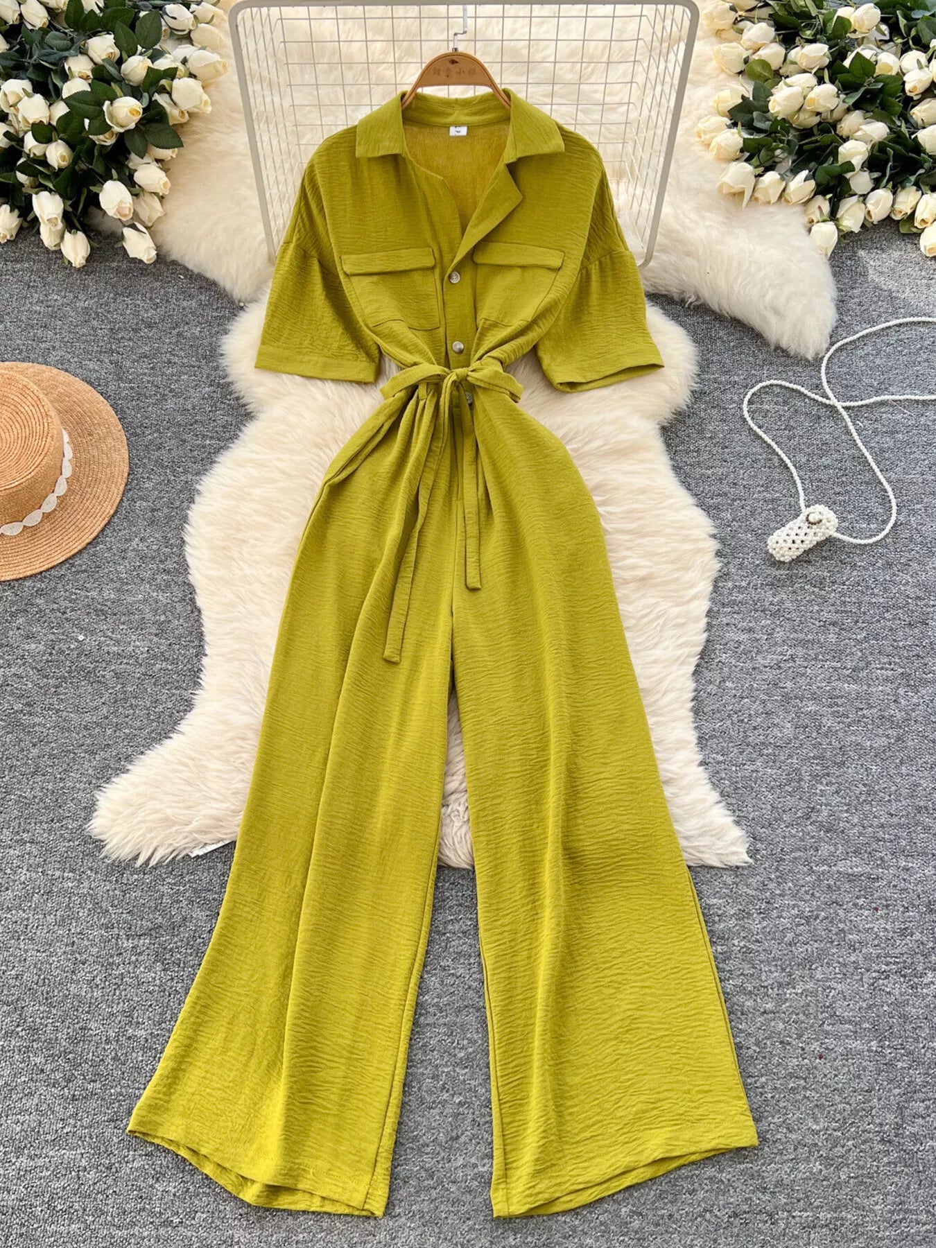 Pink Tie Waist Wide Leg Jumpsuit for Women