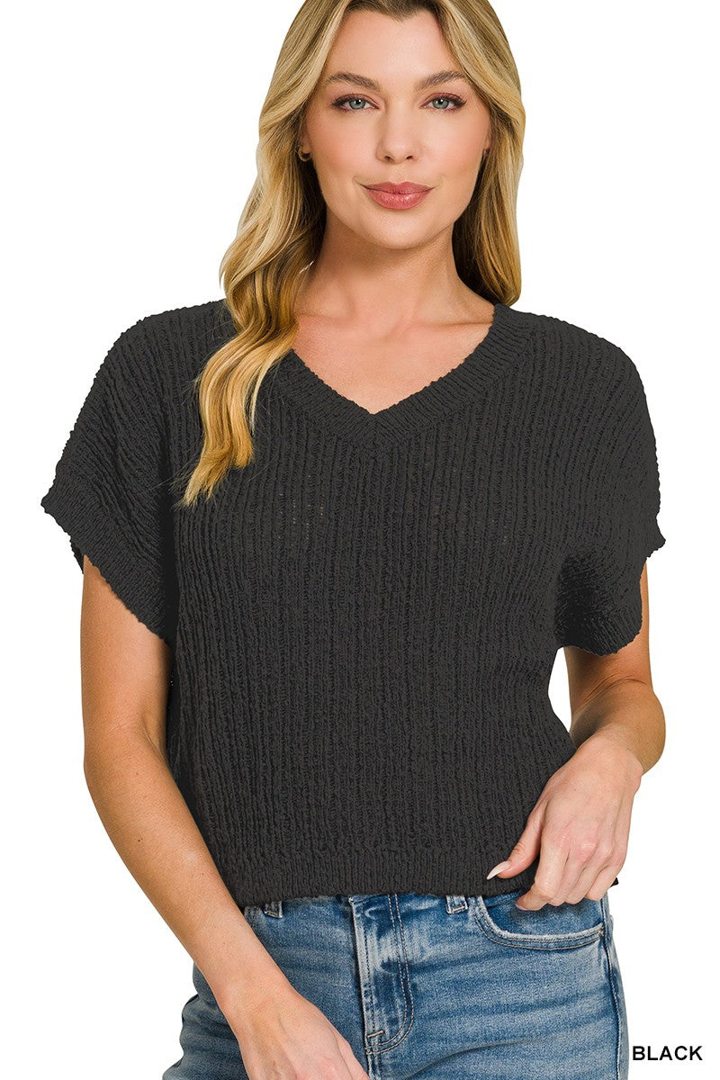 Textured Knit V-Neck Cropped Sweater in Black for Women