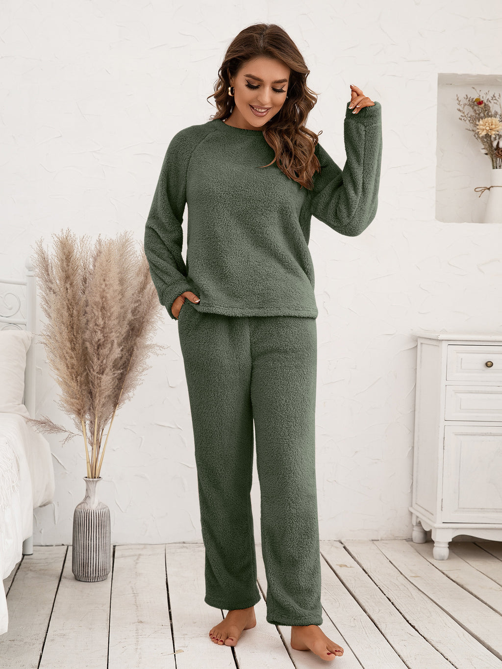 Ivy Lane Teddy Long Sleeve Top and Pants Lounge Set in Dark Blue for Women