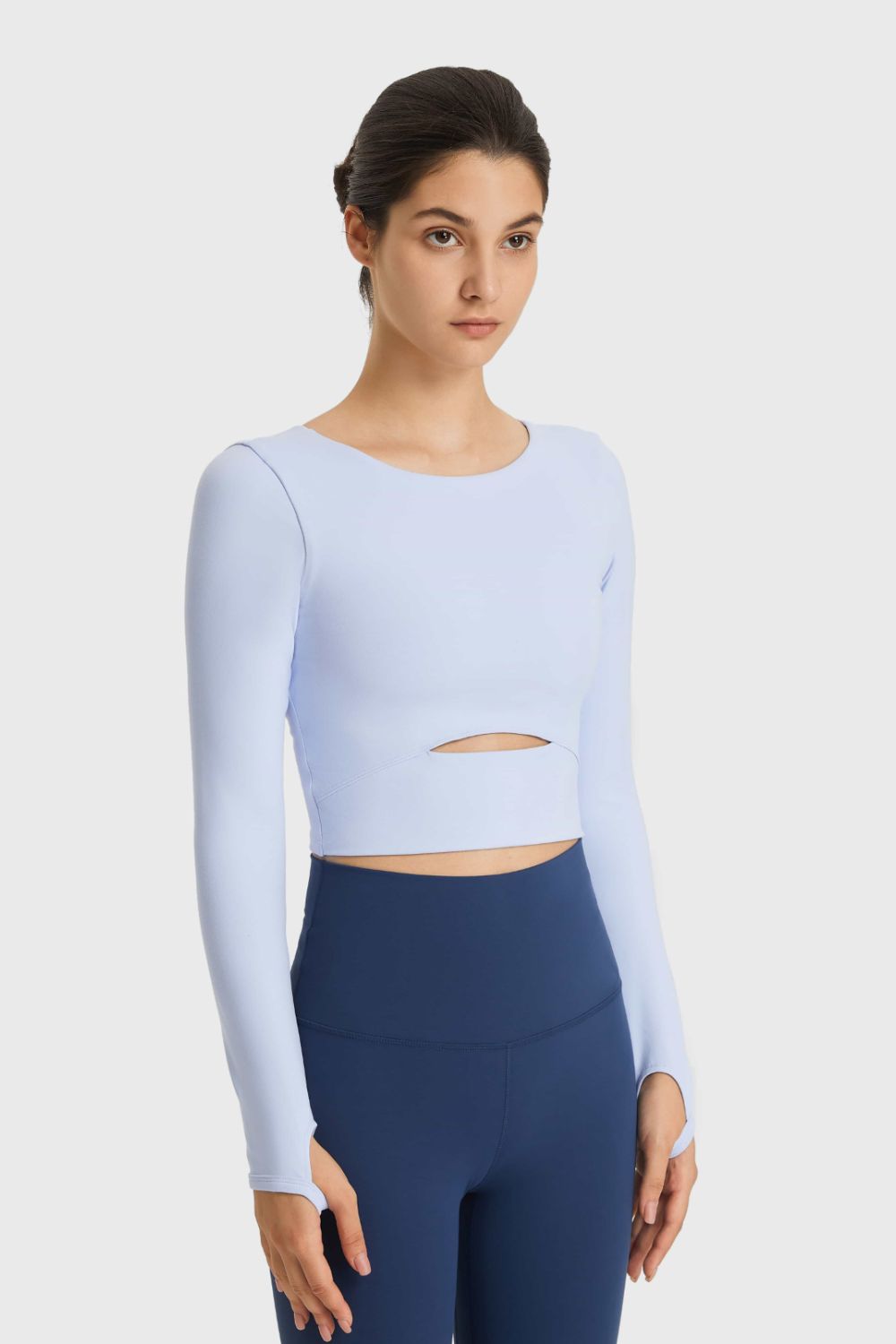 Cutout Long Sleeve Cropped Sports Top in Sky Blue for Women