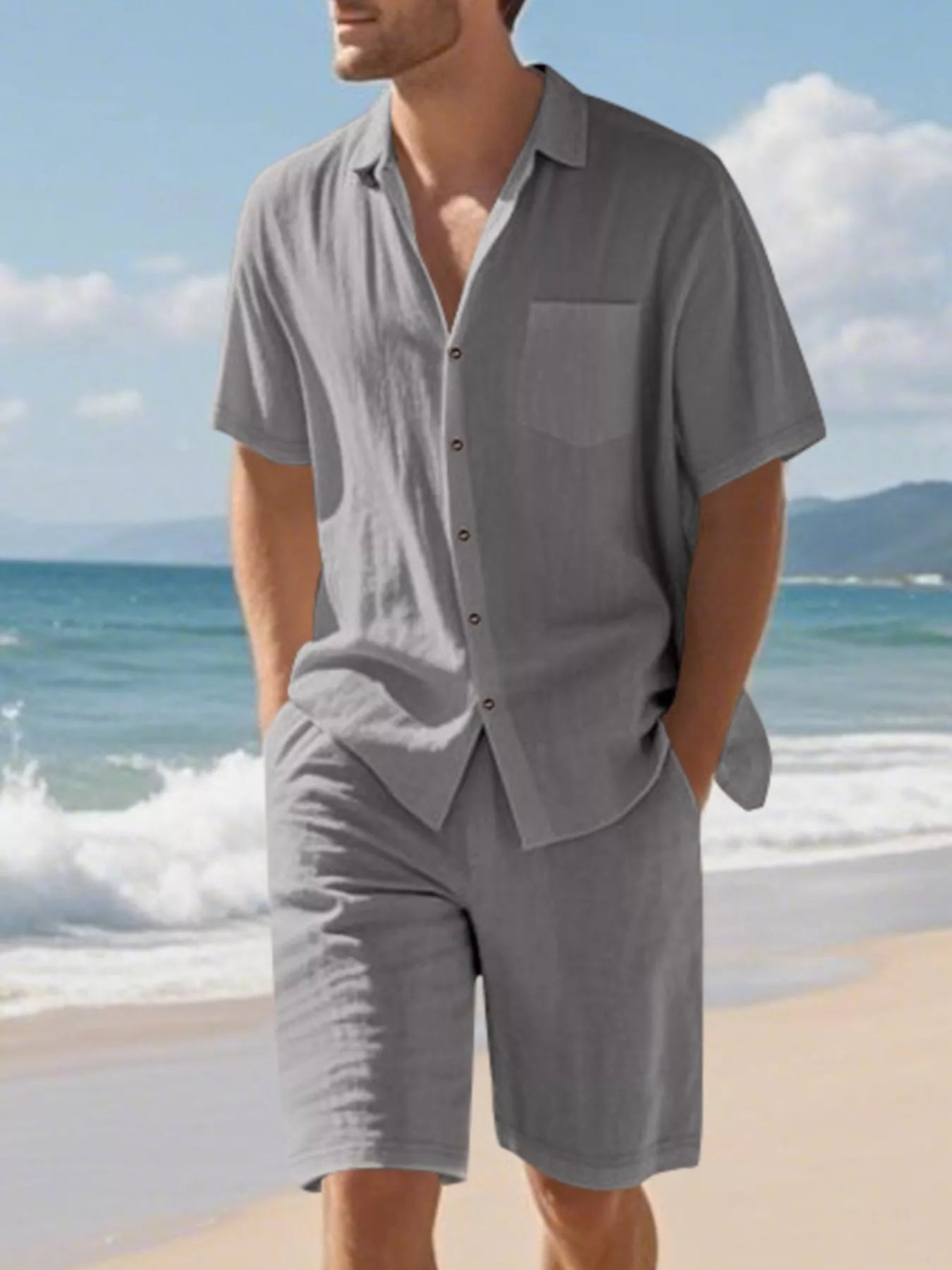 Casual Button Up Shirt and Shorts Set Plus Size in Army Green for Men