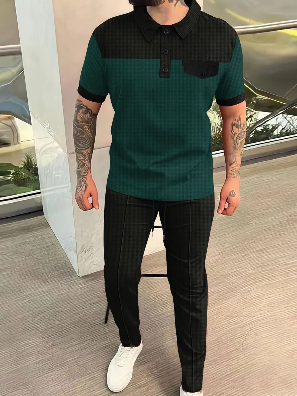 Waffle-Knit Contrast Top and Pants Set Plus Size in Burgundy for Men