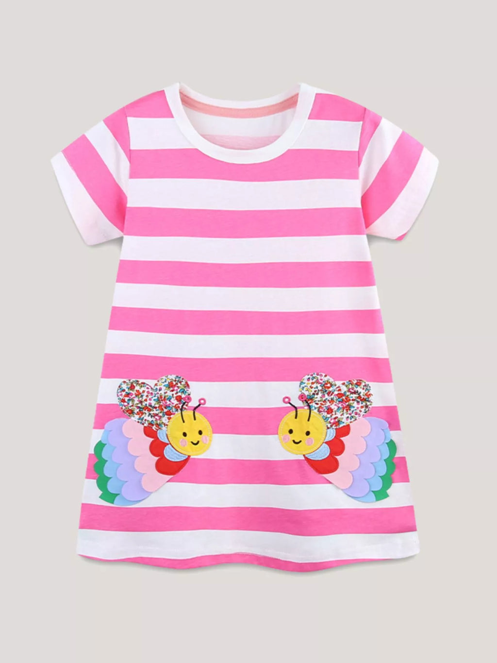 Bee Embroidered Striped Casual Dress in Pink for Girls