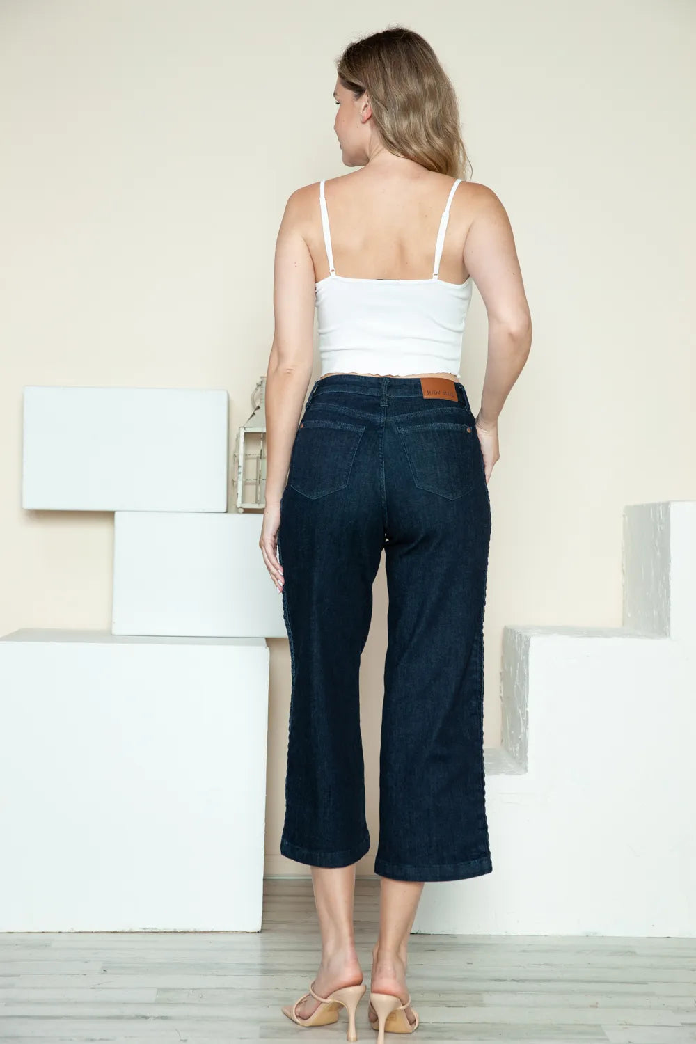 Plus Size Side Seam Braid Detail Crop Wide Leg Jeans for Women