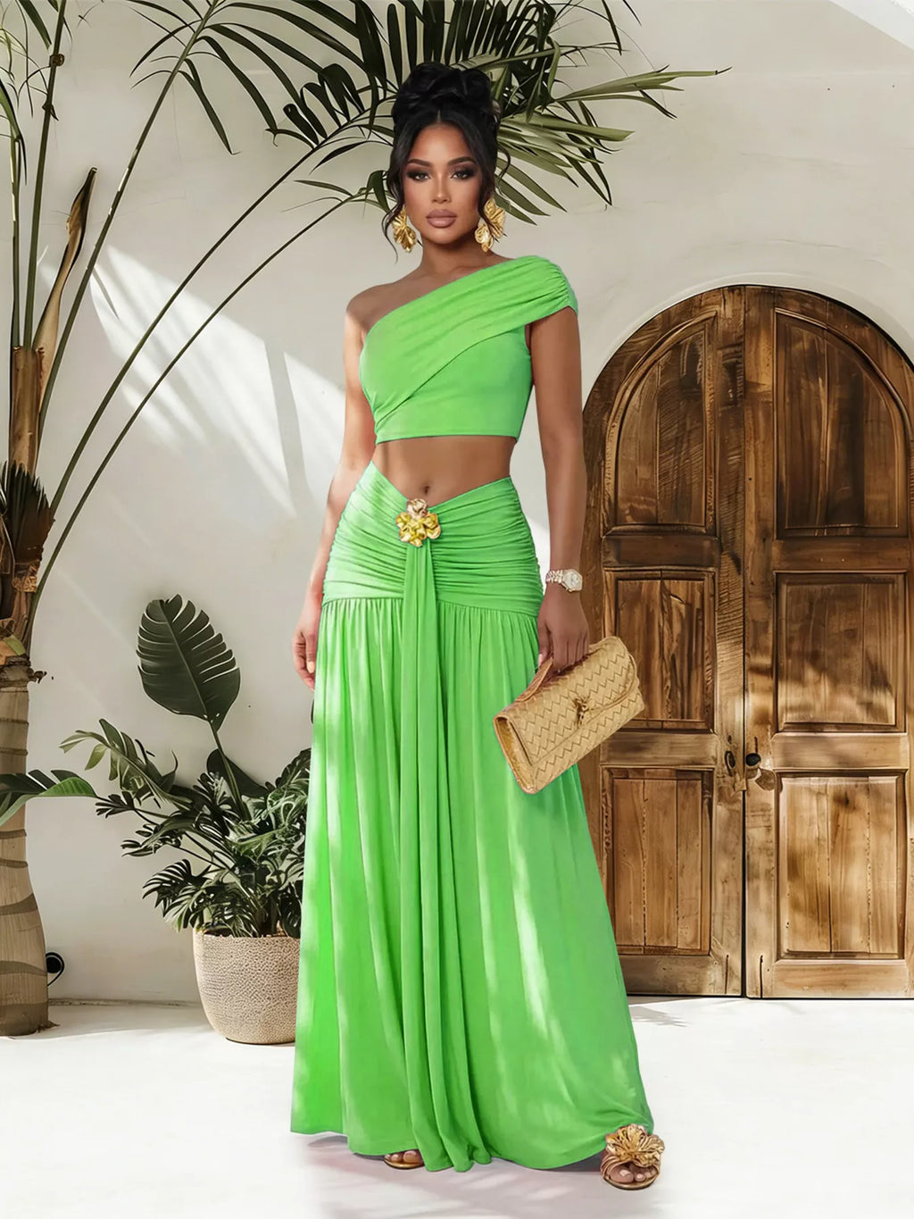 One-Shoulder Top and Ruched Maxi Skirt Set in Green for Women