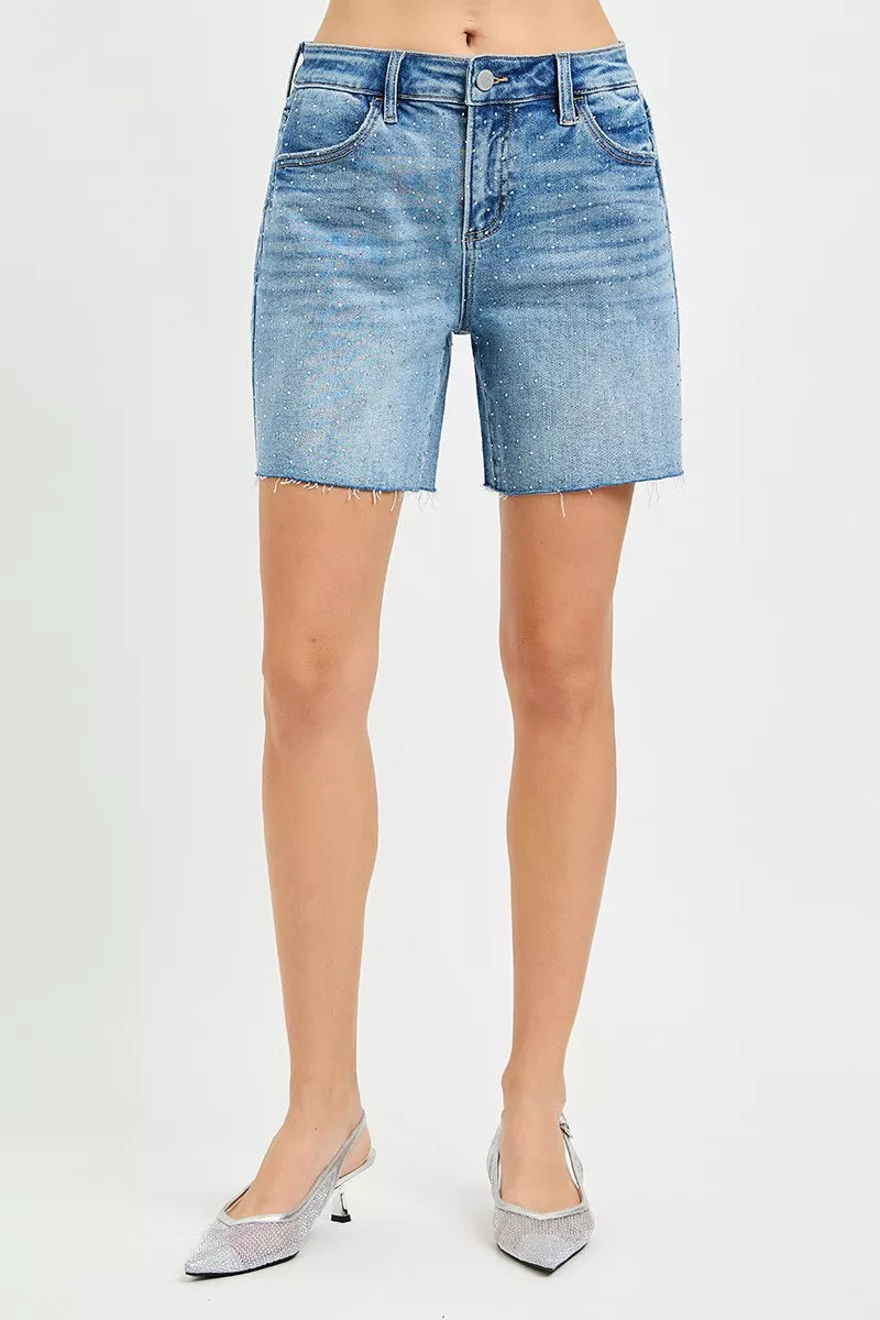 Slouchy Mid Length All Over Rhinestones Shorts in Medium for Women